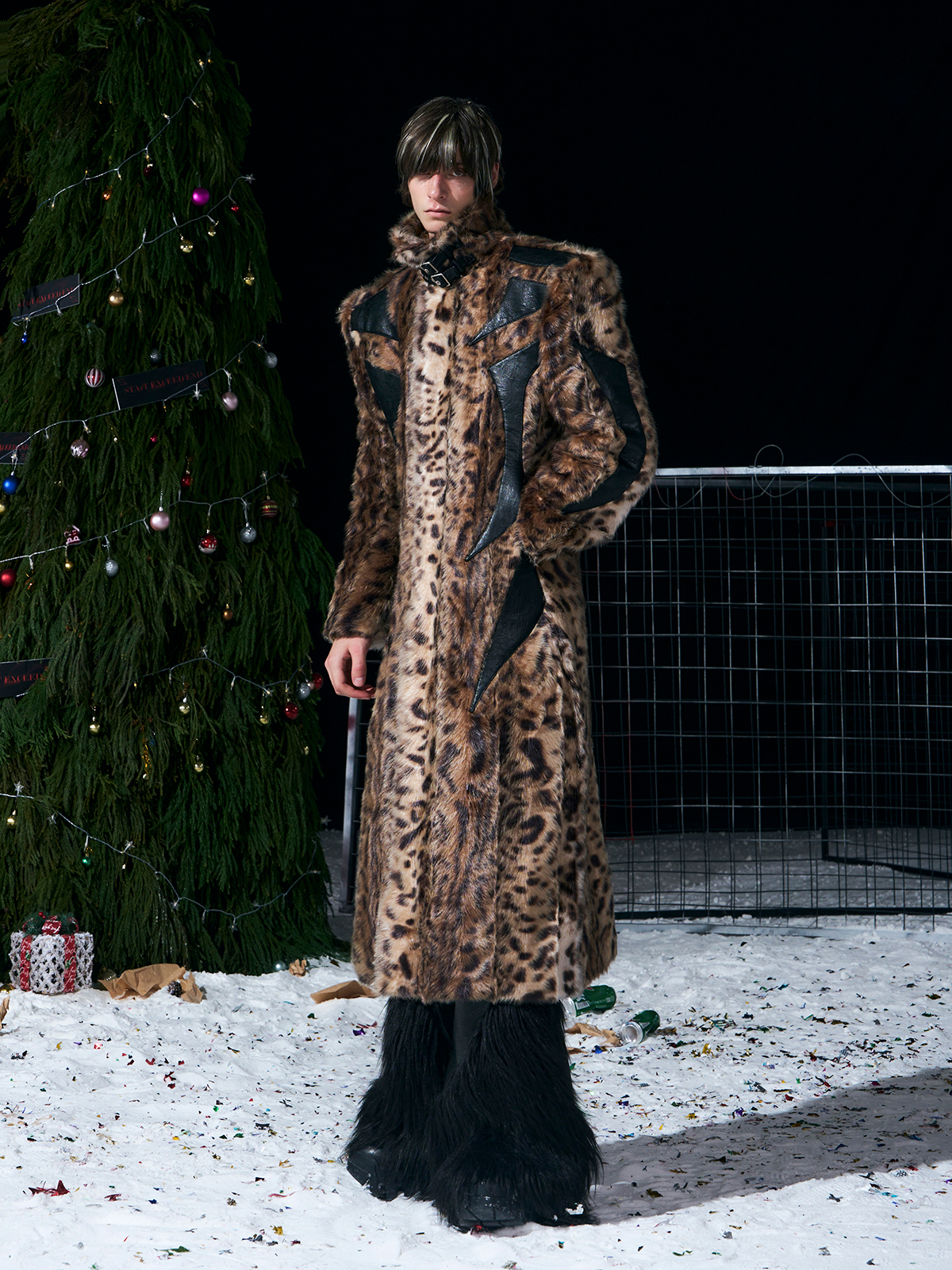 LEOPARD FAUX FUR LEATHER-PANEL MAXI COAT