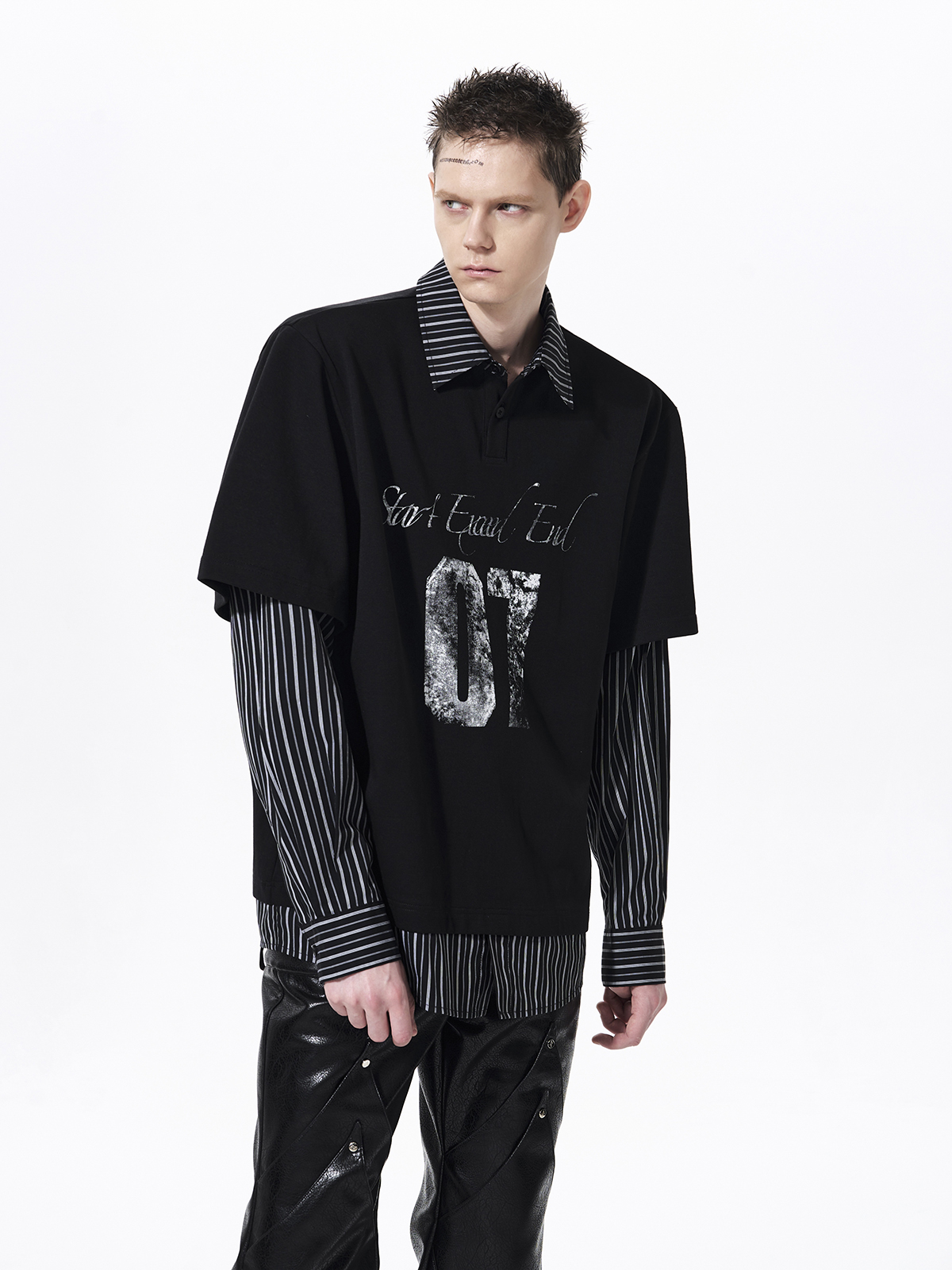 DISTRESSED GRAPHIC LAYERED POLO SHIRT-BLACK