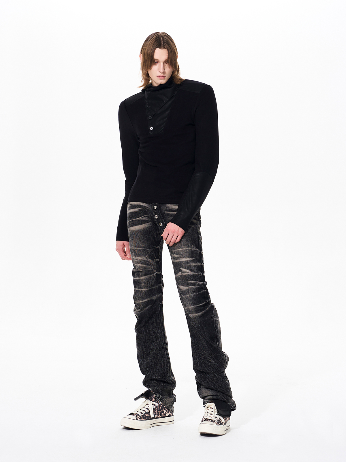 LEATHER PANEL BUTTON NECK FLEECE TOP