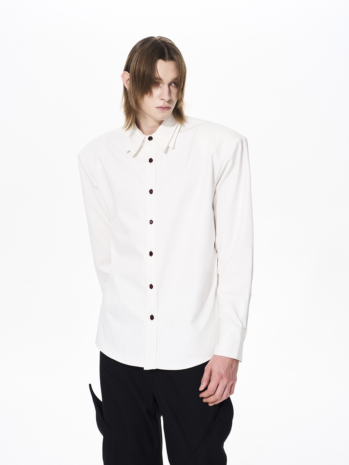 DOUBLE-COLLAR GEM-BUTTON STRUCTURED SHIRT-WHITE
