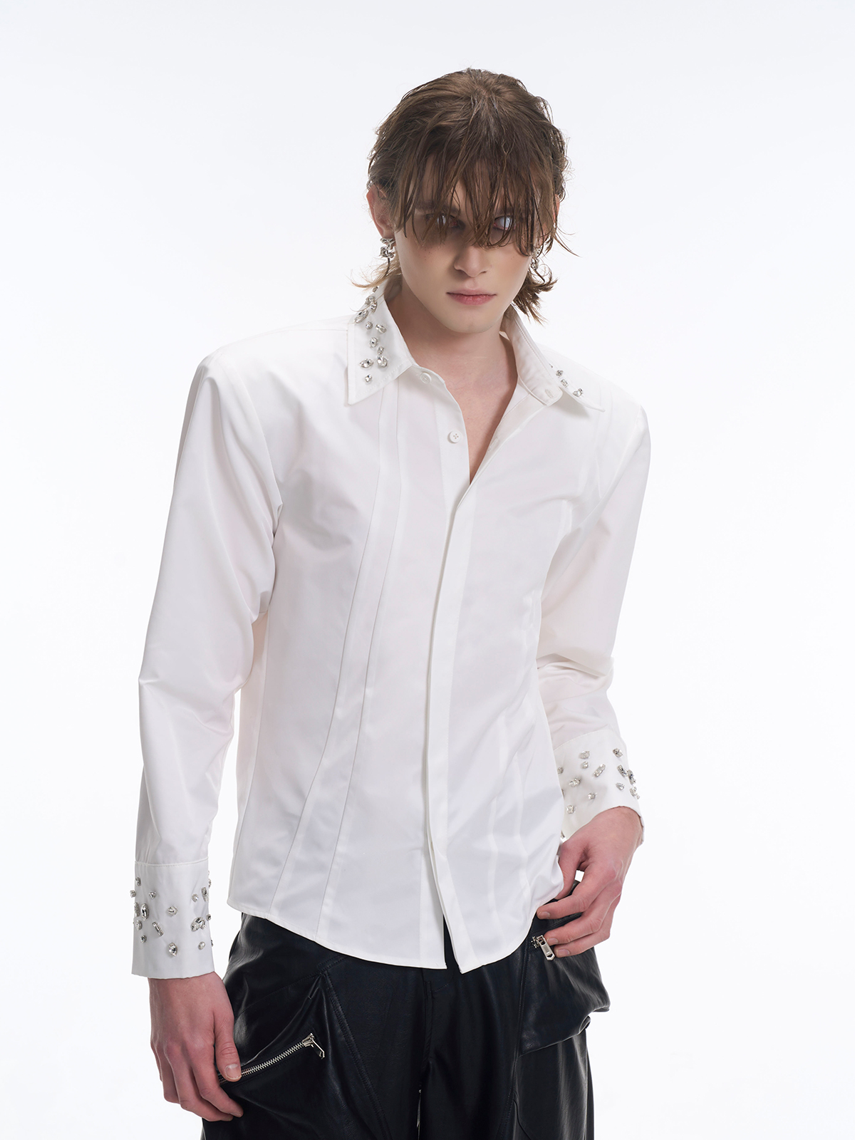 CRYSTAL COLLAR & CUFF CONCEALED PLACKET SHIRT - WHITE-START EXCEED END