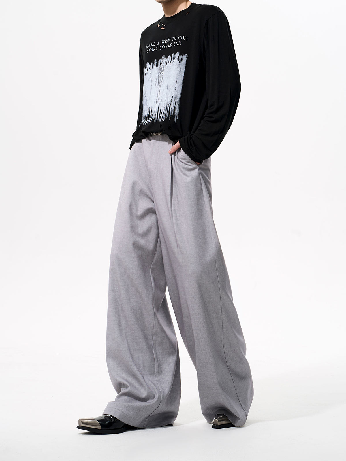 DETACHABLE LEATHER COLLAR SCULPTED SUIT SET-GREY