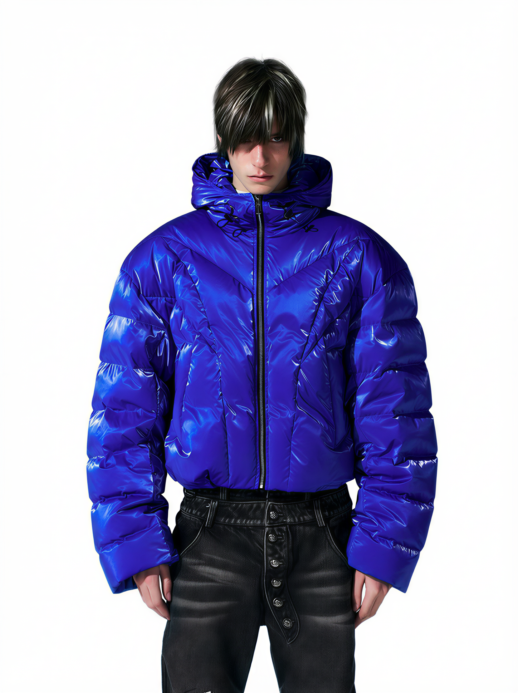 ELECTRIC BLUE HIGH-GLOSS CROPPED HOODED PUFFER