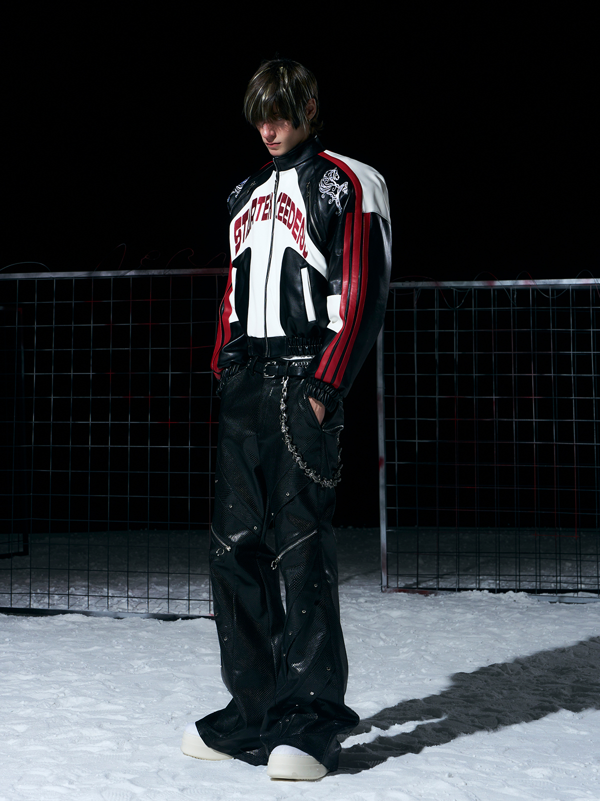 BLACK & RED EMBROIDERED FAUX LEATHER RACING JACKET