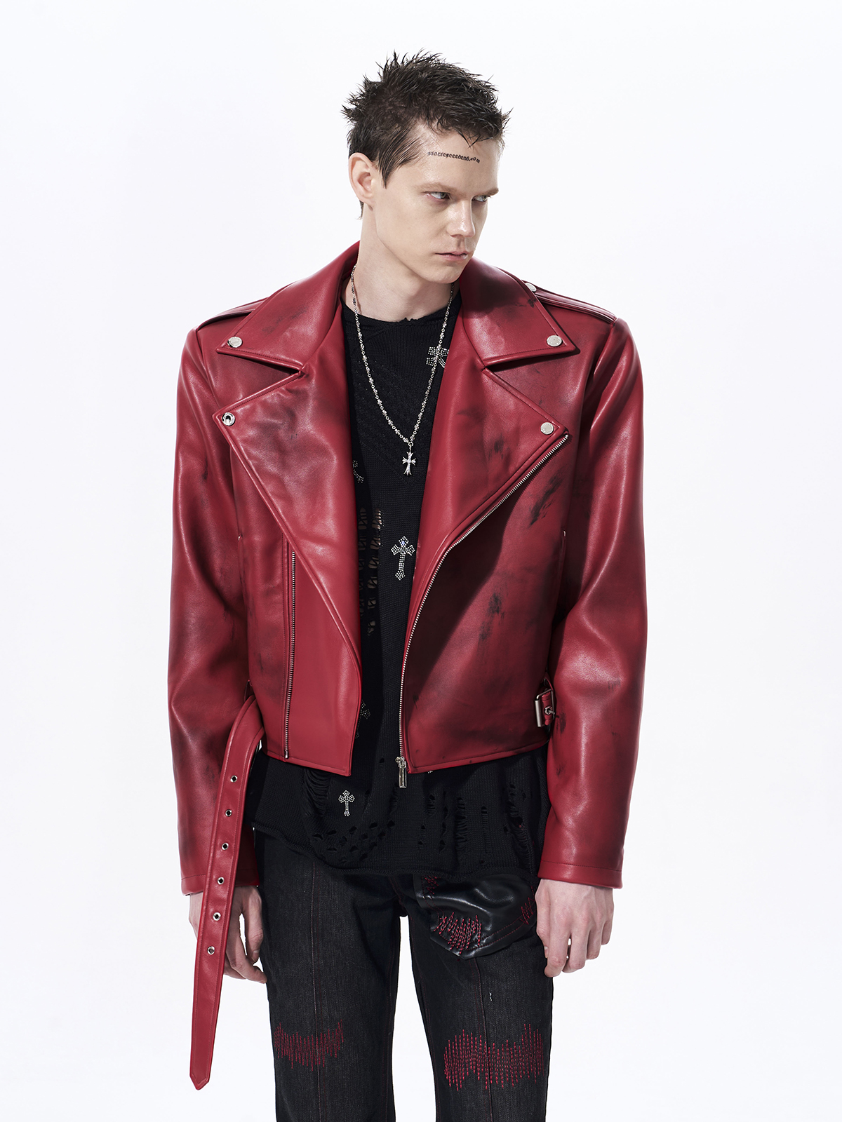 DISTRESSED WAR HORSE BIKER JACKET-RED