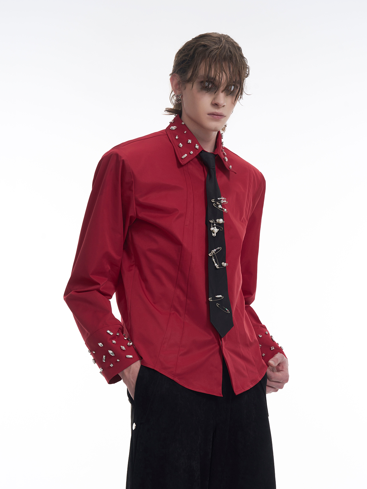 CRYSTAL COLLAR & CUFF CONCEALED PLACKET SHIRT - RED-START EXCEED END
