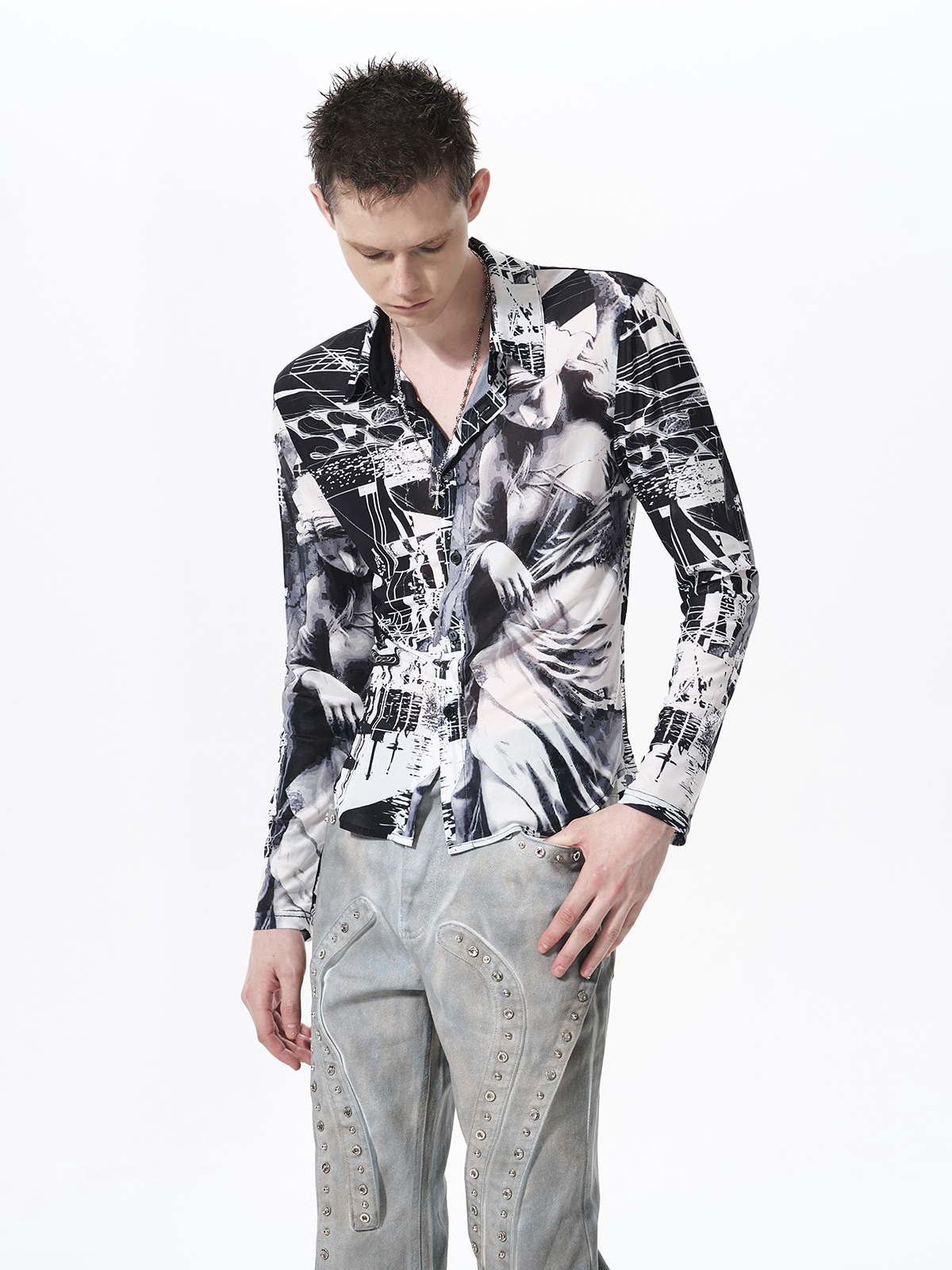 CLASSICAL FIGURE PRINT SHEER MESH SHIRT