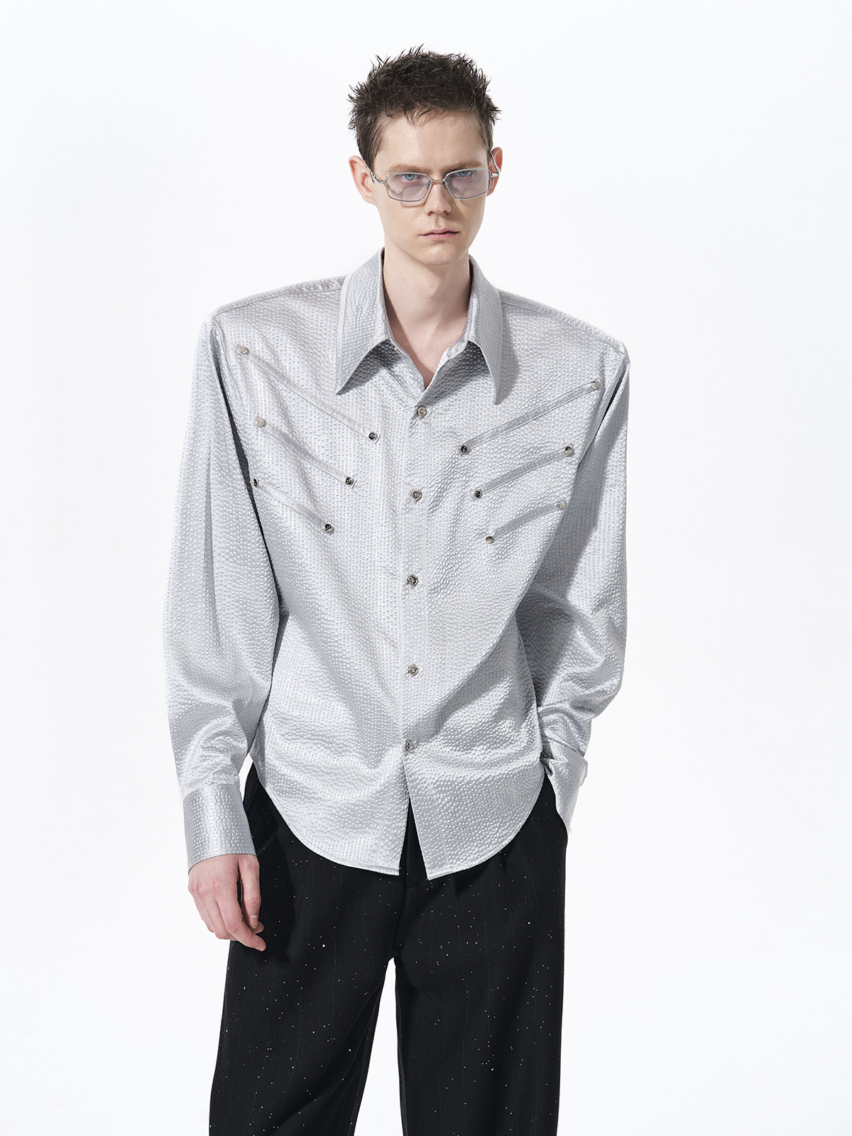 TEXTURED WESTERN HARDWARE SHIRT-SILVER