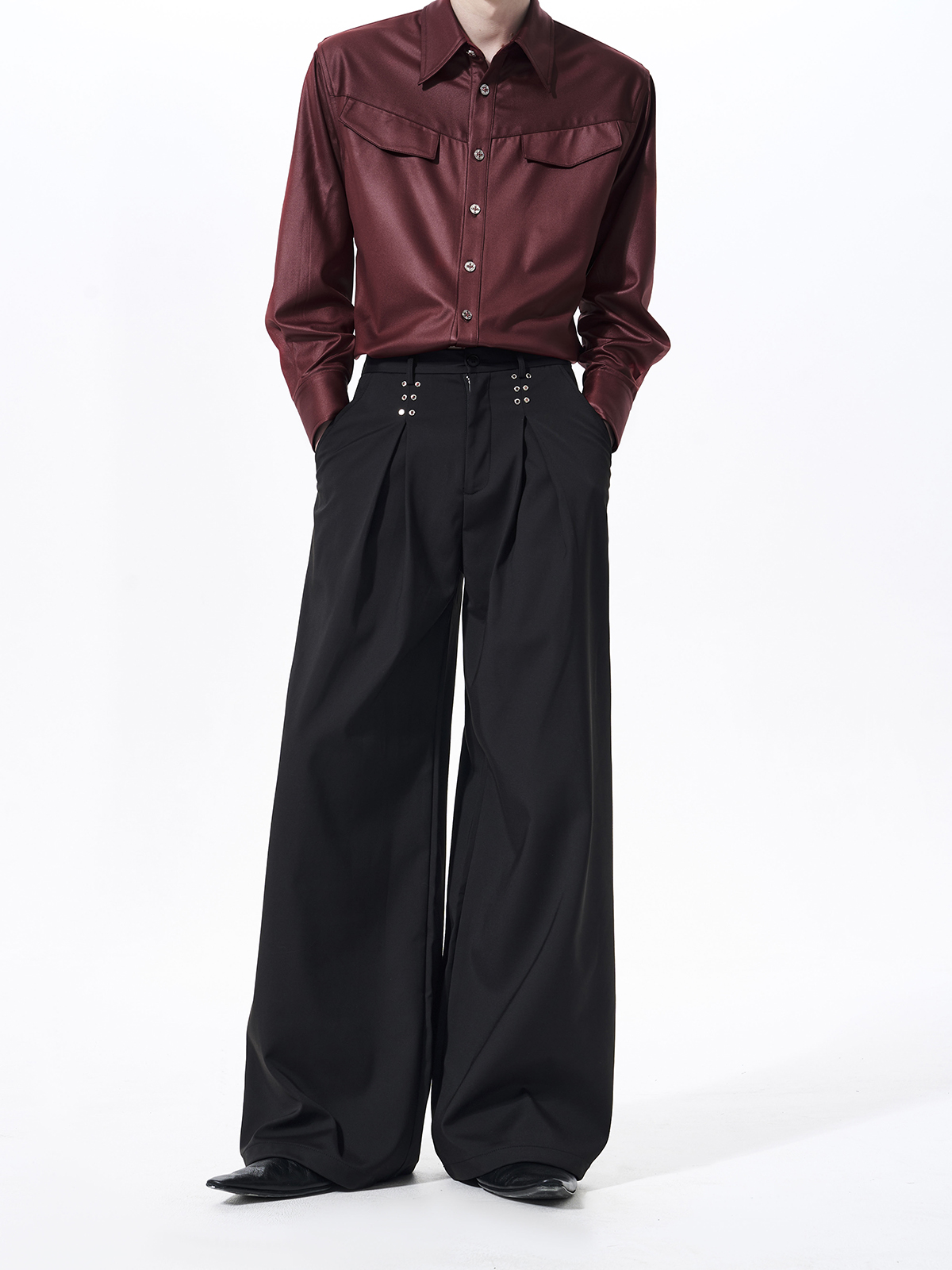 STRUCTURED CINCHED WAIST STUDDED SUIT SET-BLACK