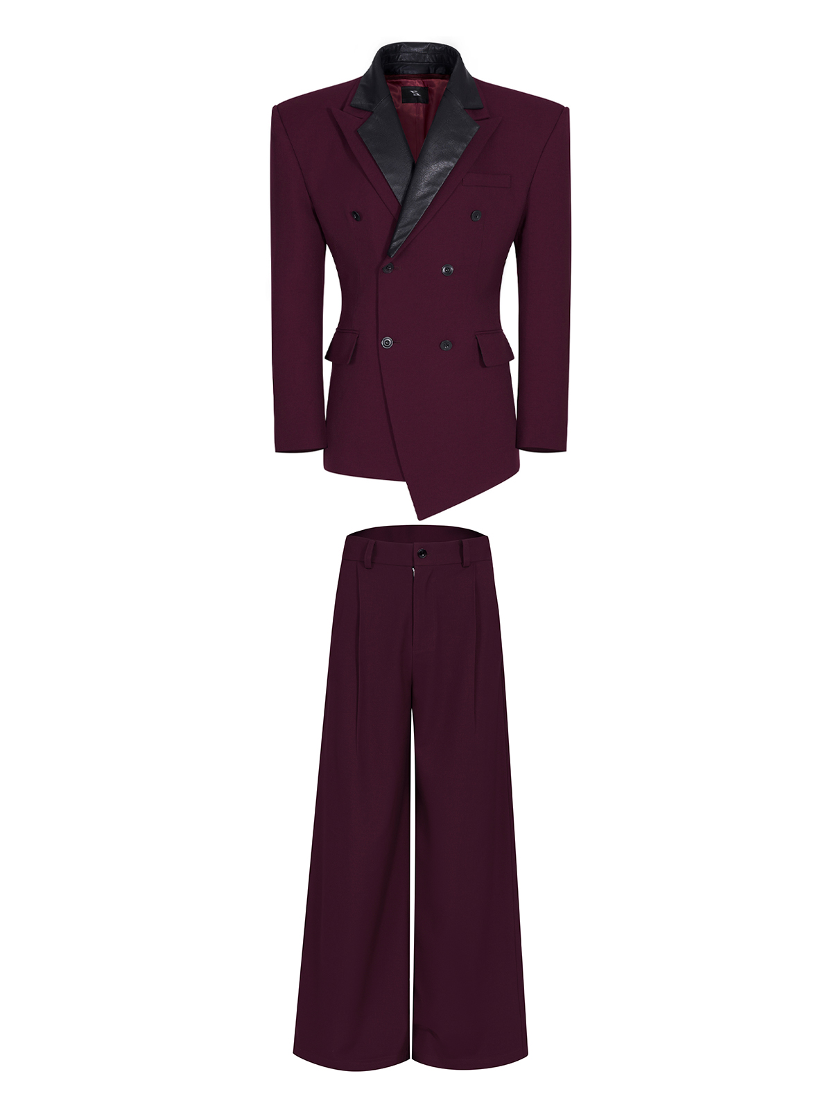 DETACHABLE LEATHER COLLAR SCULPTED SUIT SET-BURGUNDY