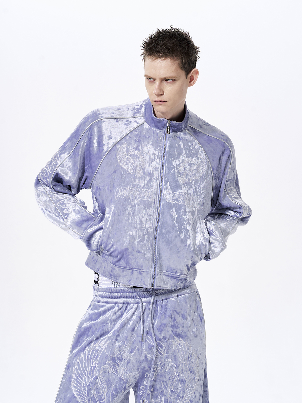 CRUSHED VELVET EMBROIDERED TRACKSUIT SET-LAVENDER