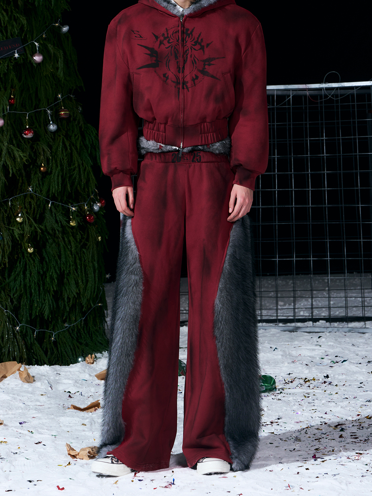VINTAGE RED REVERSIBLE FUR HOODIE & FUR PANEL PANTS SET