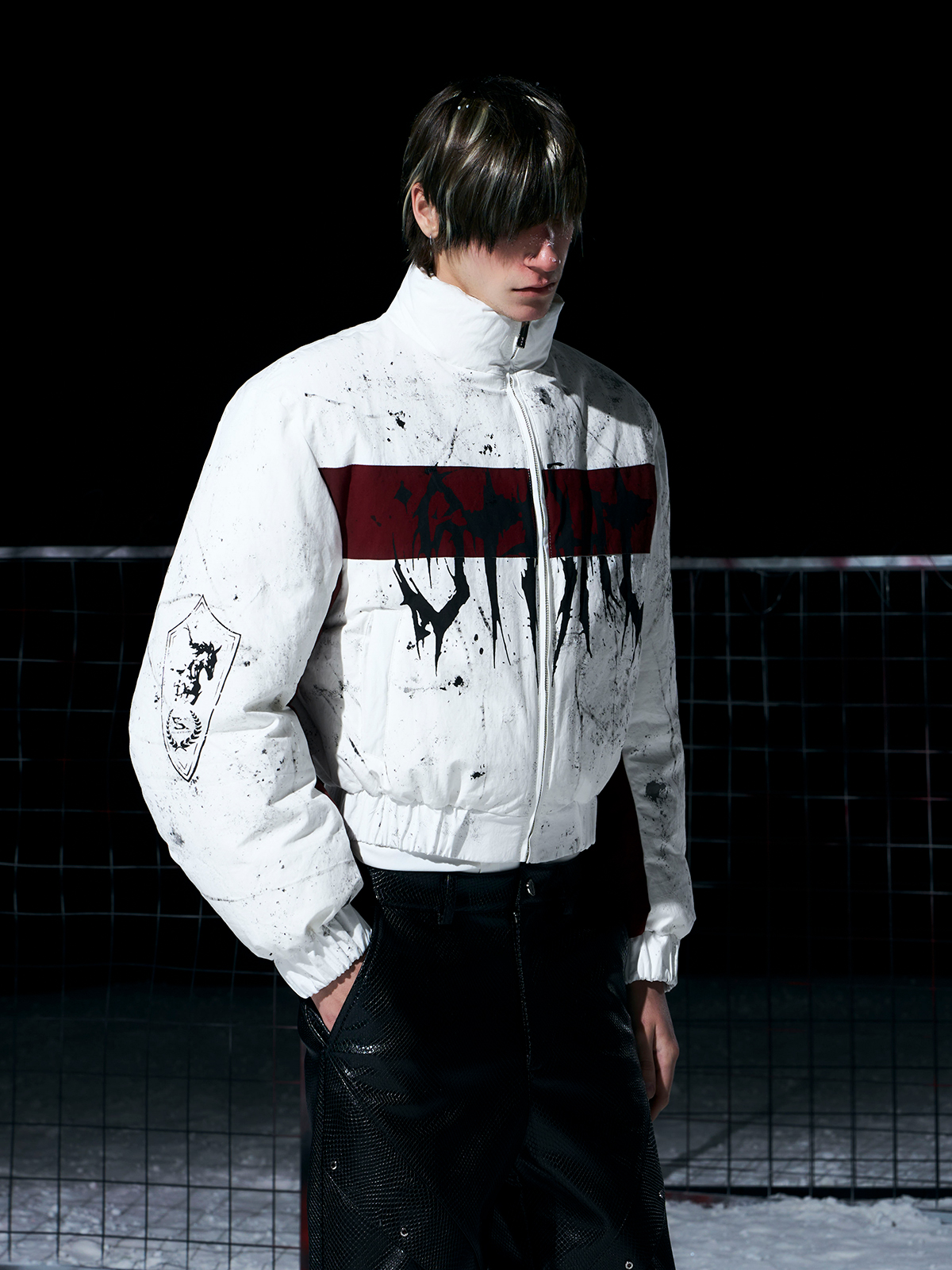 WHITE & BURGUNDY GRAFFITI SPLATTER BOMBER WITH KNIGHT PRINT