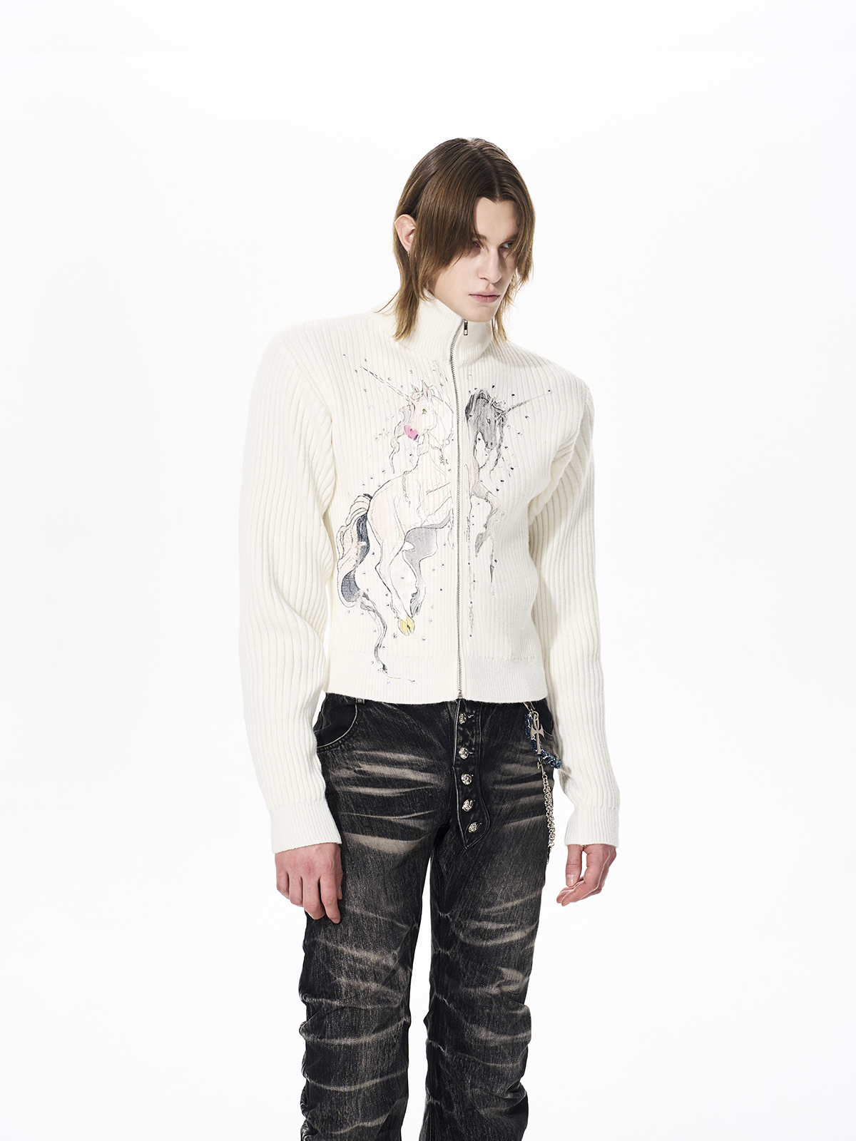UNICORN GRAPHIC RIBBED ZIP-UP KNIT-WHITE