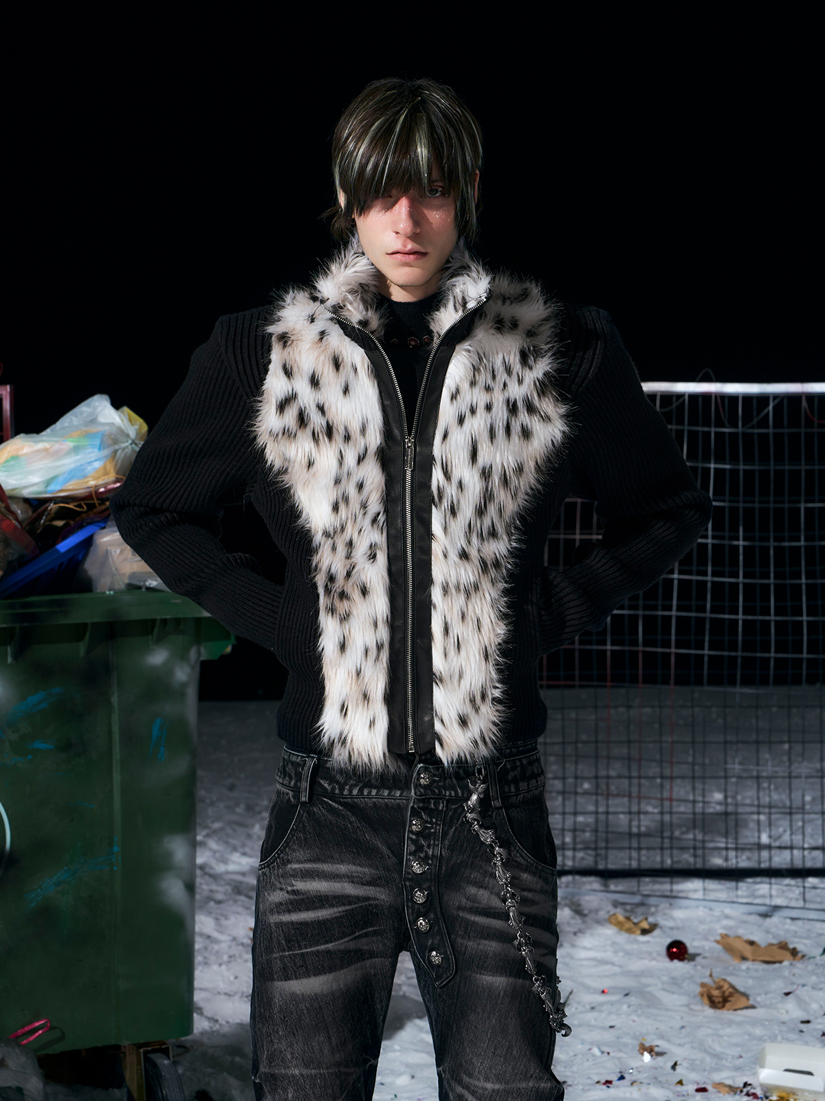 BLACK LEOPARD FUR KNIT ZIP-UP