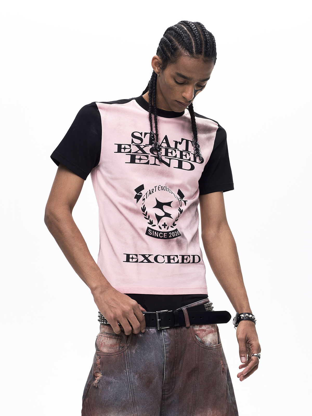 GRAPHIC COLOR BLOCK DIRTY WASH T-SHIRT-PINK