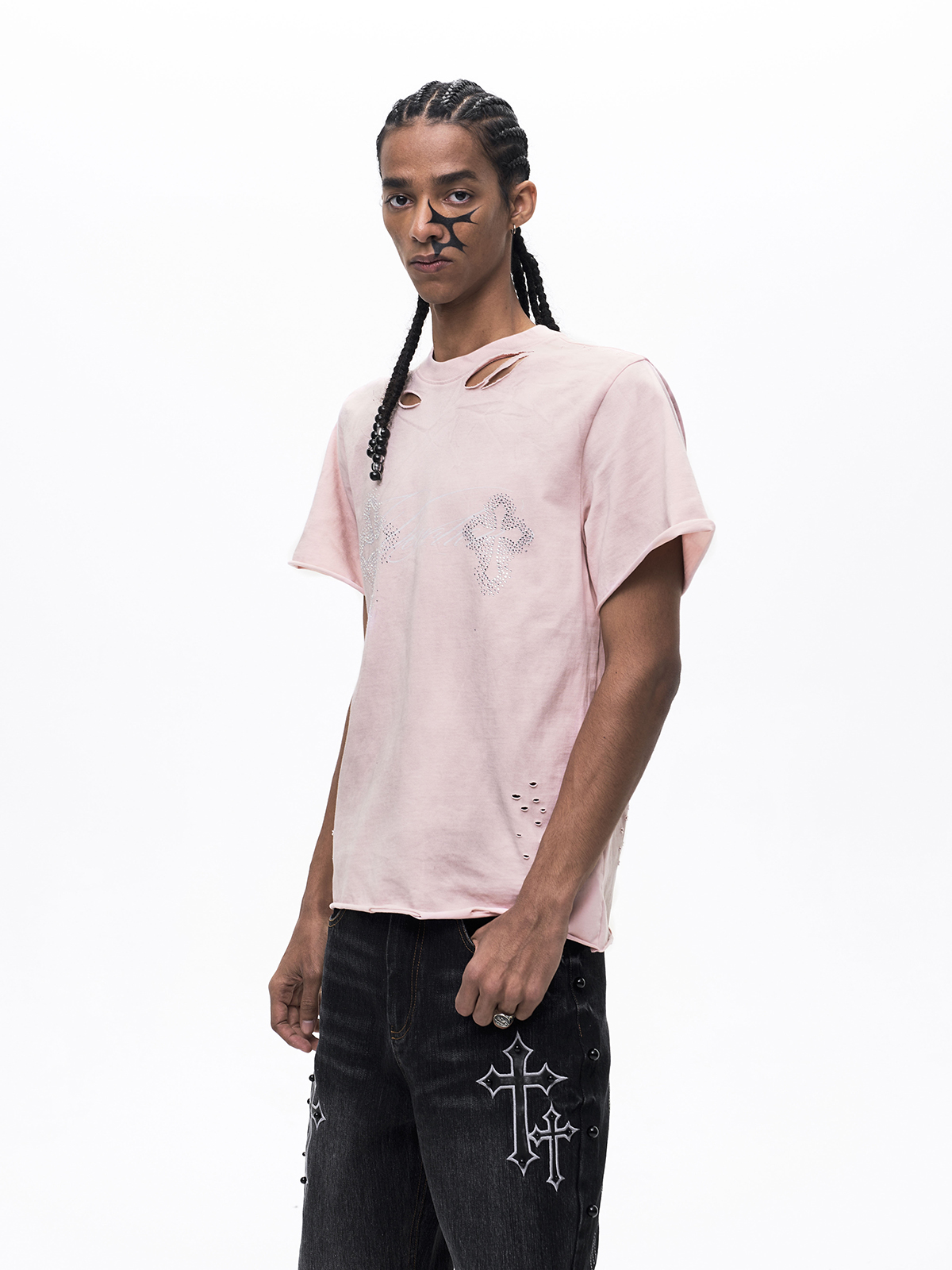 DECONSTRUCTED RHINESTONE CROSS MUD WASH TEE-PINK