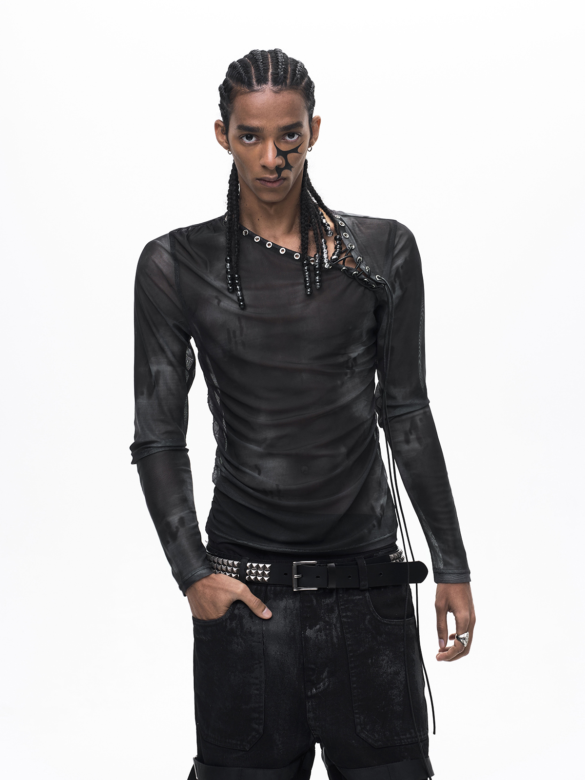 ASYMMETRICAL LACE-UP SHEER MESH TOP-BLACK