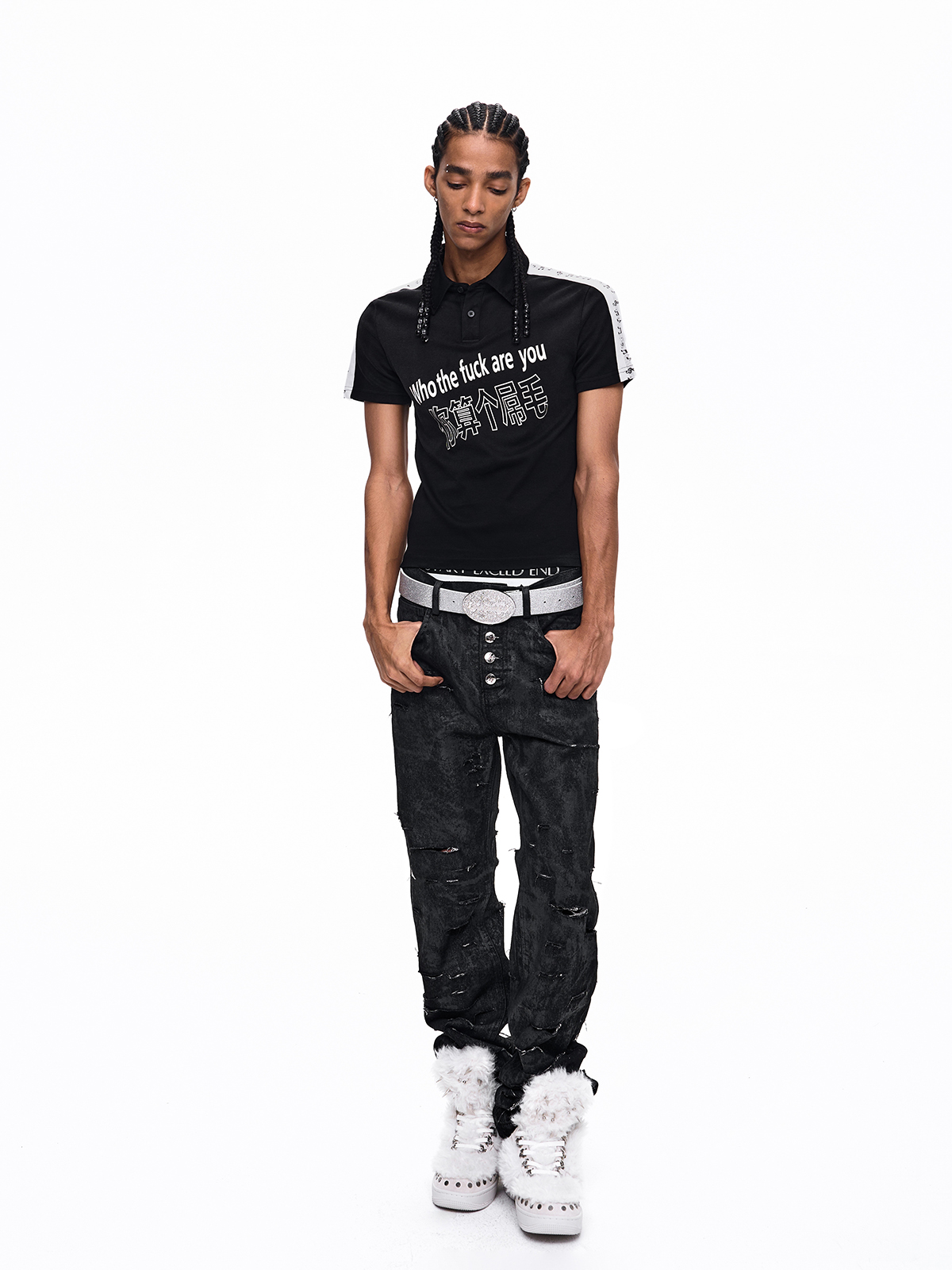 WAXED DISTRESSED 5-BUTTON SLIM STRAIGHT JEANS