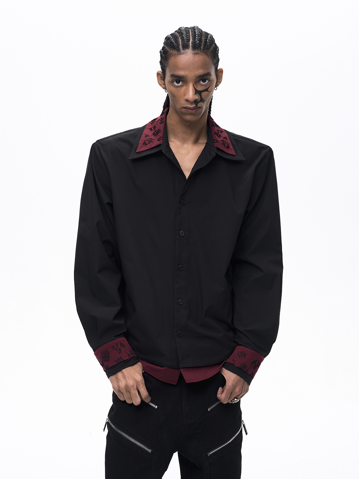 FAKE TWO-PIECE DOUBLE COLLAR SHIRT-BLACK