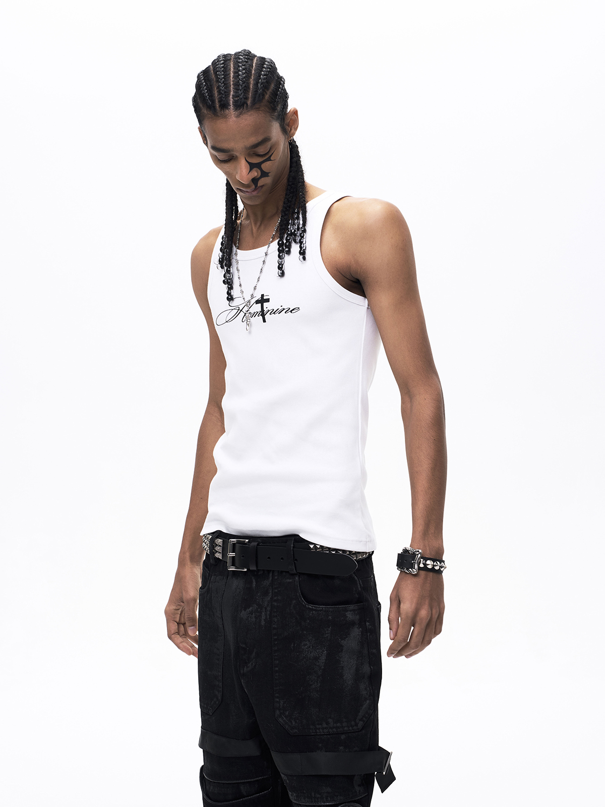 GOTHIC CROSS PRINT RIBBED TANK TOP-WHITE