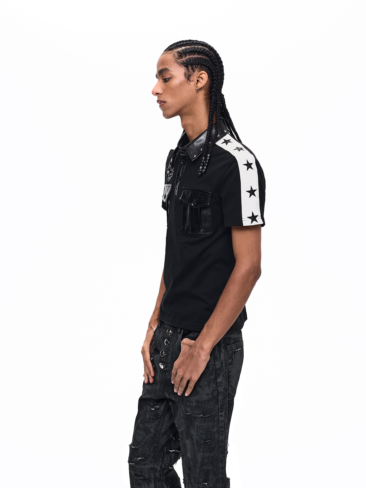 STAR STUDDED LEATHER-PANEL POLO SHIRT