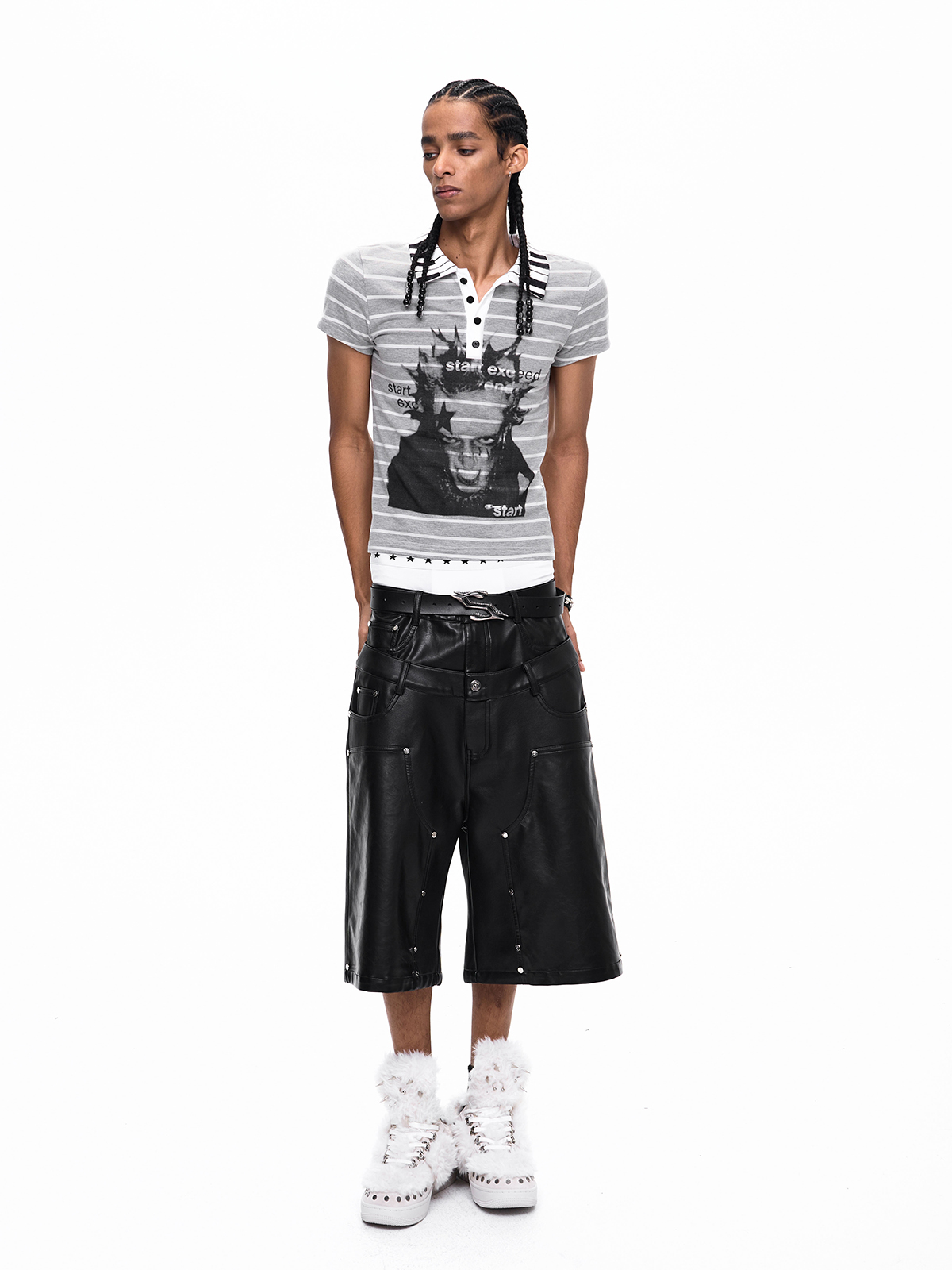 DOUBLE WAIST STUDDED CROSS PU LEATHER JORTS