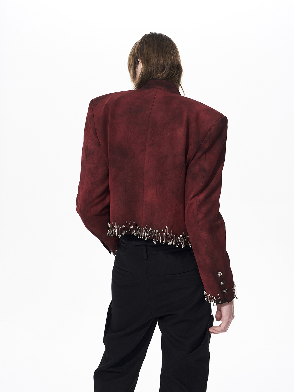 DISTRESSED SUEDE SAFETY PIN CROPPED JACKET-RED