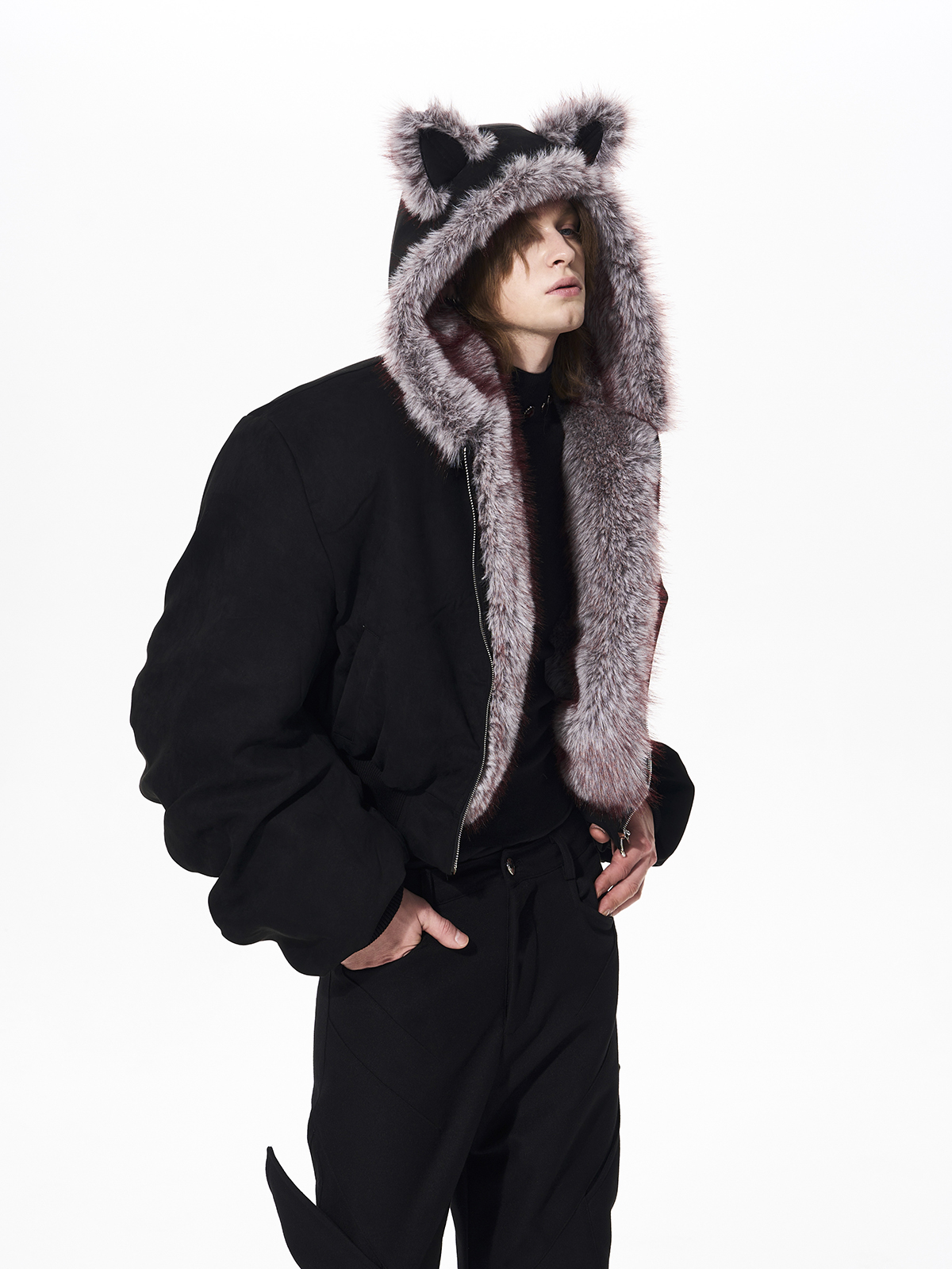 RABBIT EAR PADDED SUEDE JACKET-BLACK