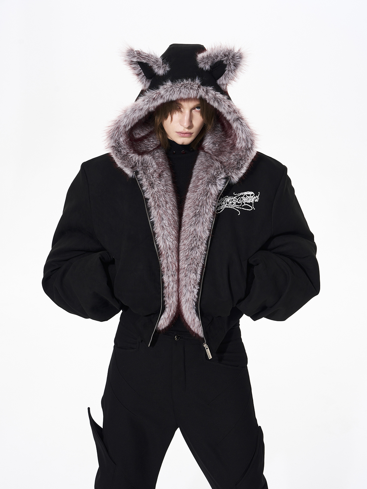 RABBIT EAR PADDED SUEDE JACKET-BLACK