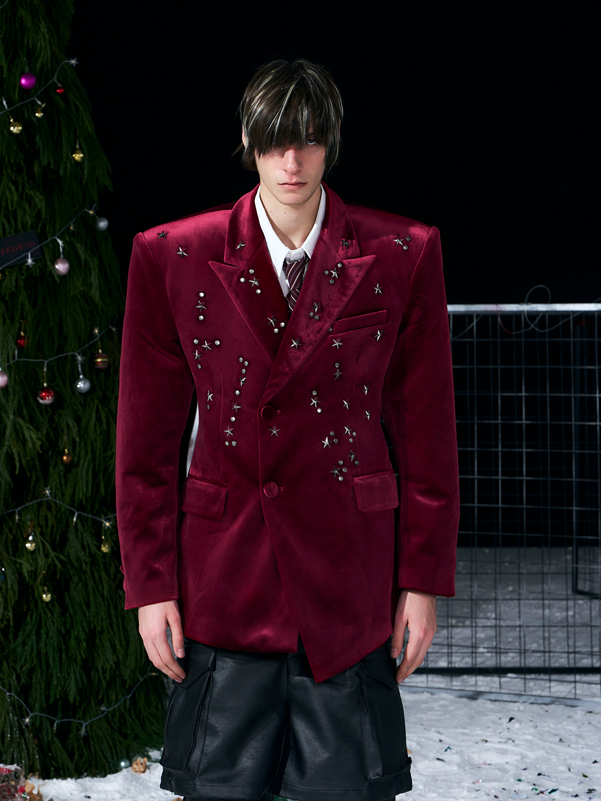 Galaxy Star-Studded Velvet Blazer-Burgundy