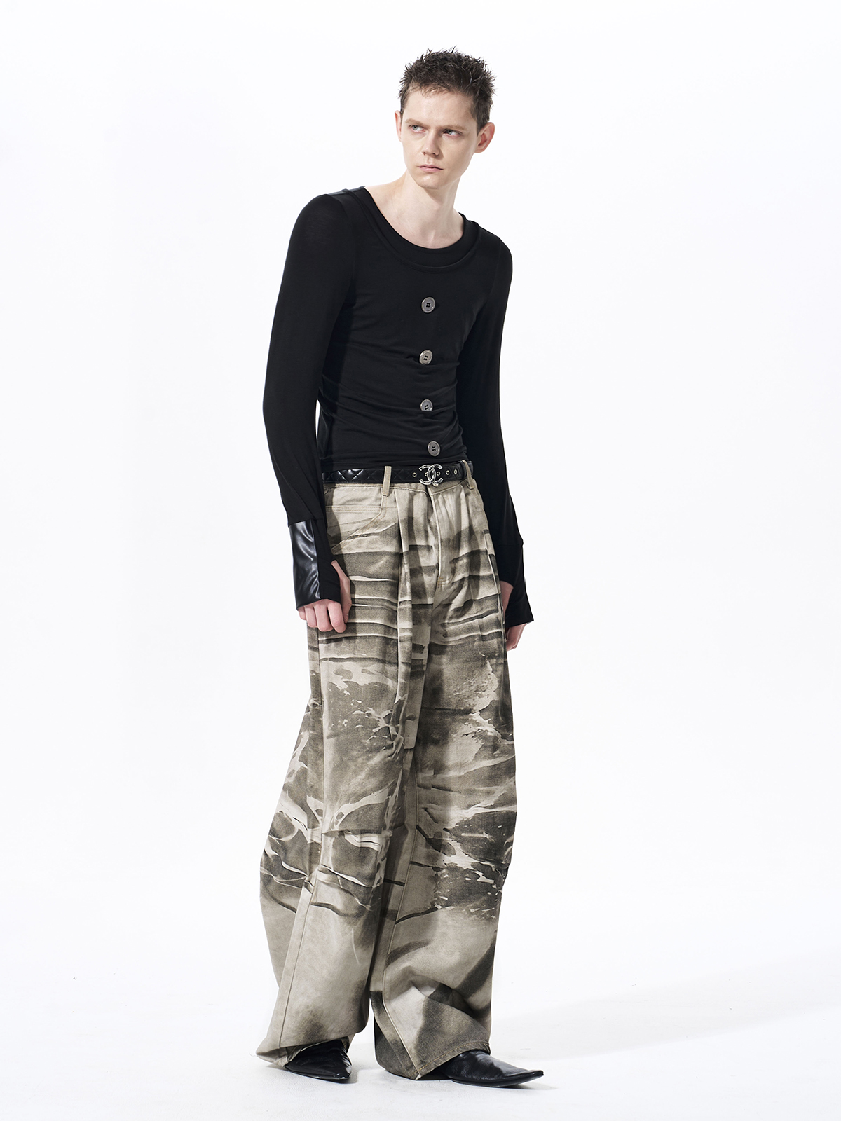 FAUX LAYERED TENCEL BUTTON LONGSLEEVE-BLACK