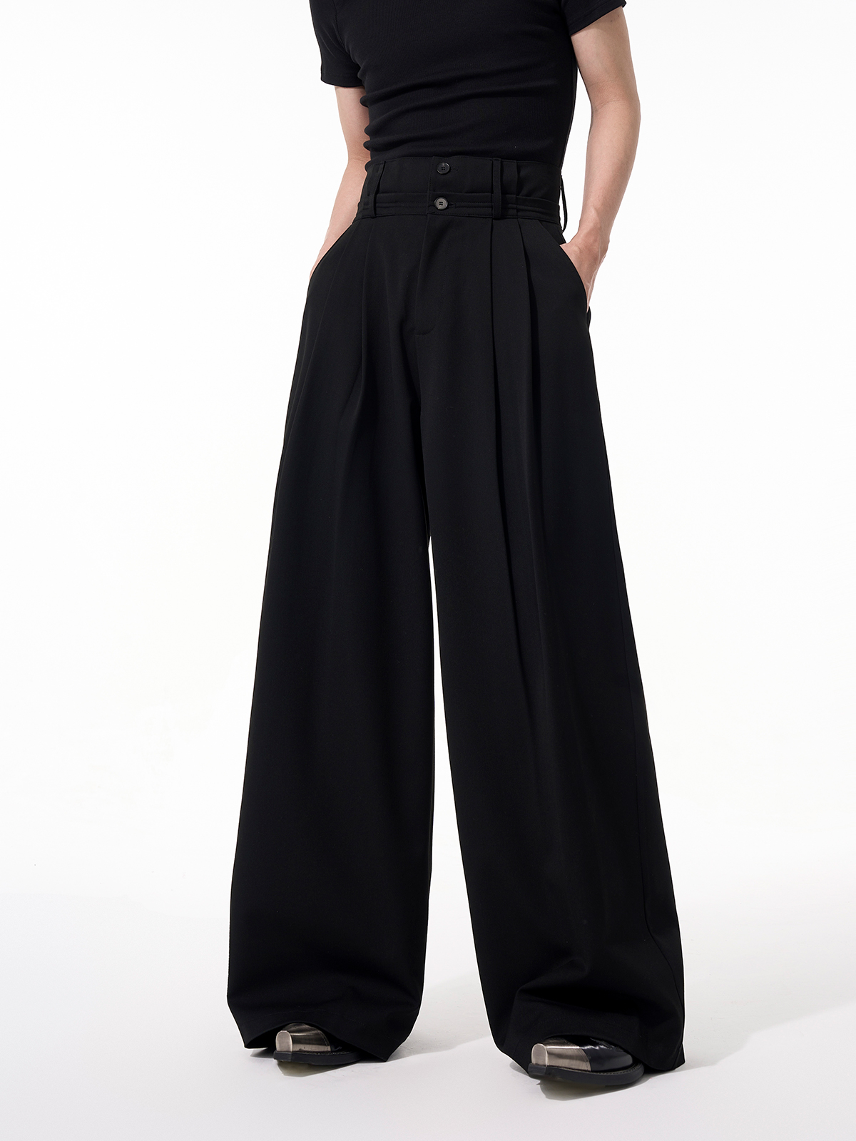 DOUBLE BUTTON PLEATED WIDE LEG TROUSERS-START EXCEED END