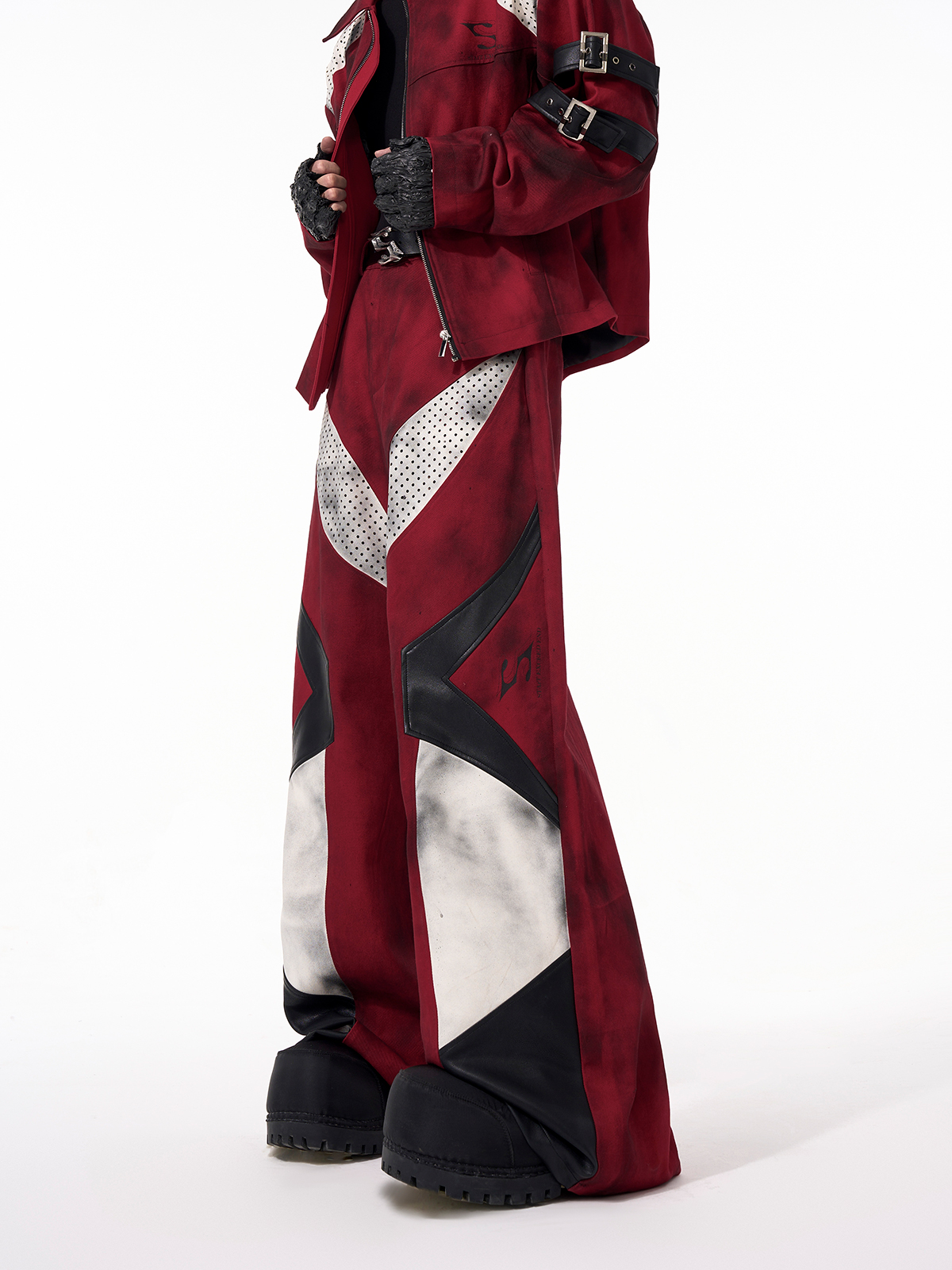 DISTRESSED RED CYBER-MOTO JACKET & PANTS SET-START EXCEED END