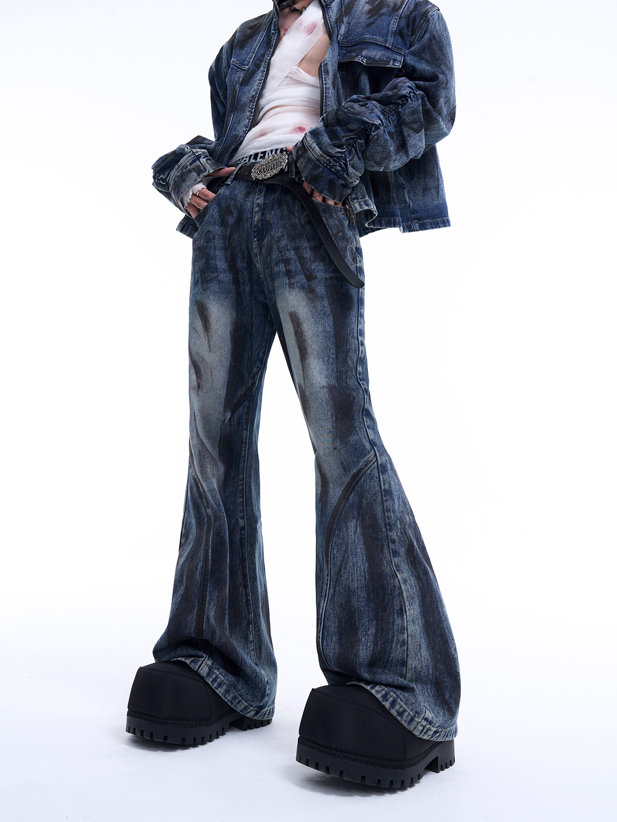 MUD WASH RUCHED DENIM JACKET & FLARED JEANS SET-START EXCEED END