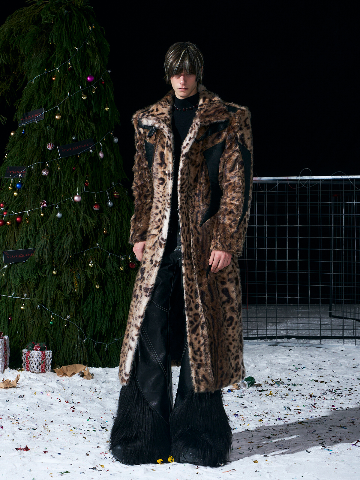 LEOPARD FAUX FUR LEATHER-PANEL MAXI COAT