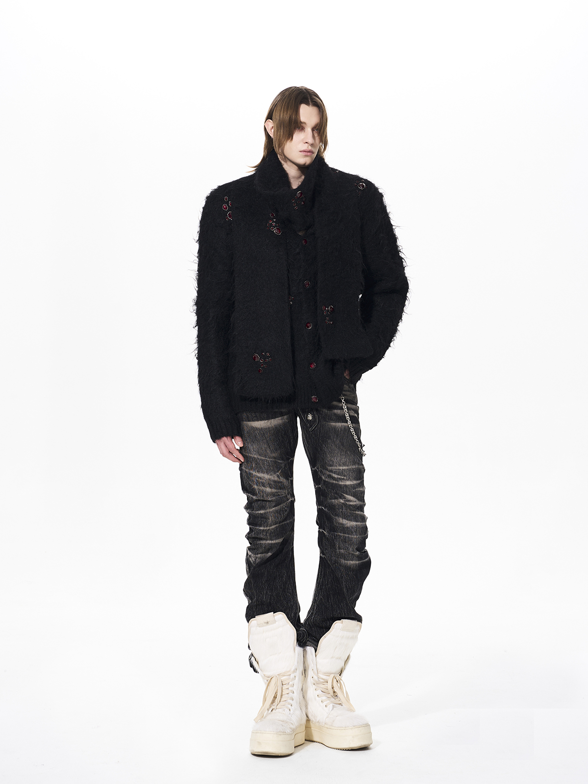 GEMSTONE SCATTERED SHAGGY MOHAIR CARDIGAN-BLACK