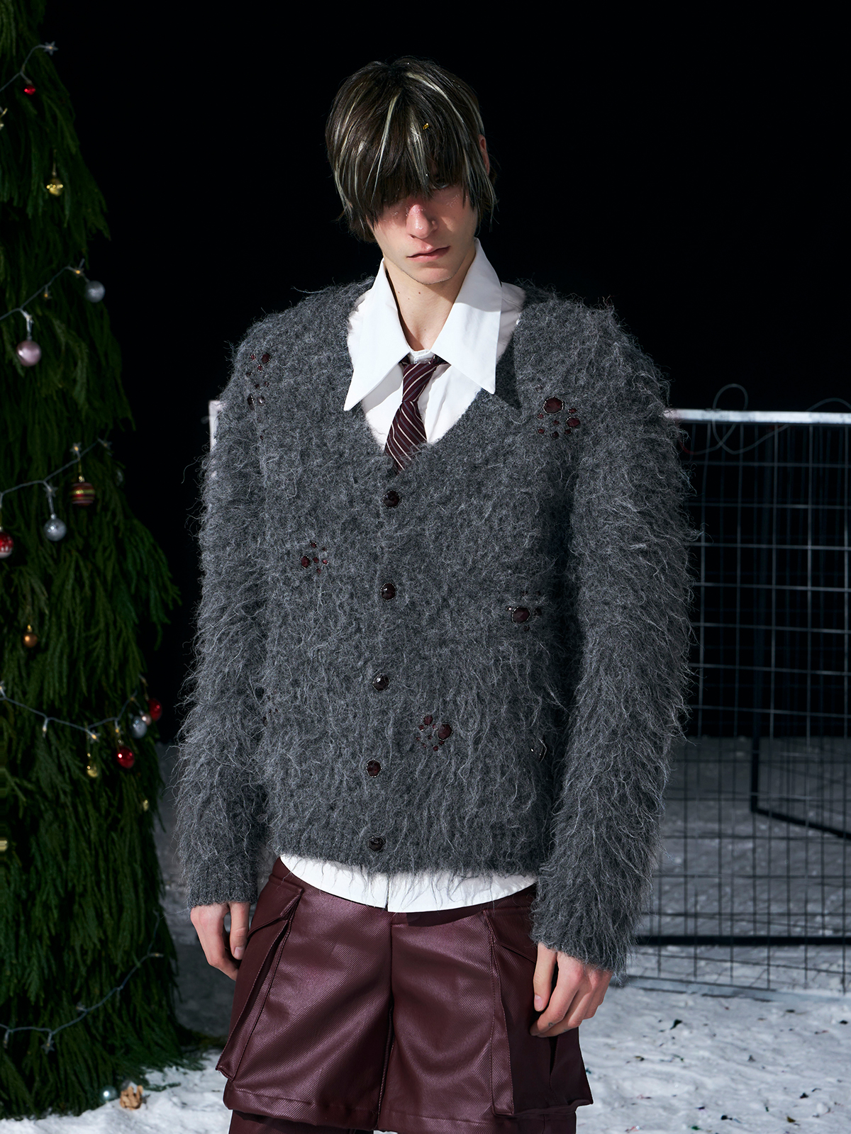 GREY FUZZY MOHAIR CARDIGAN & SCARF SET