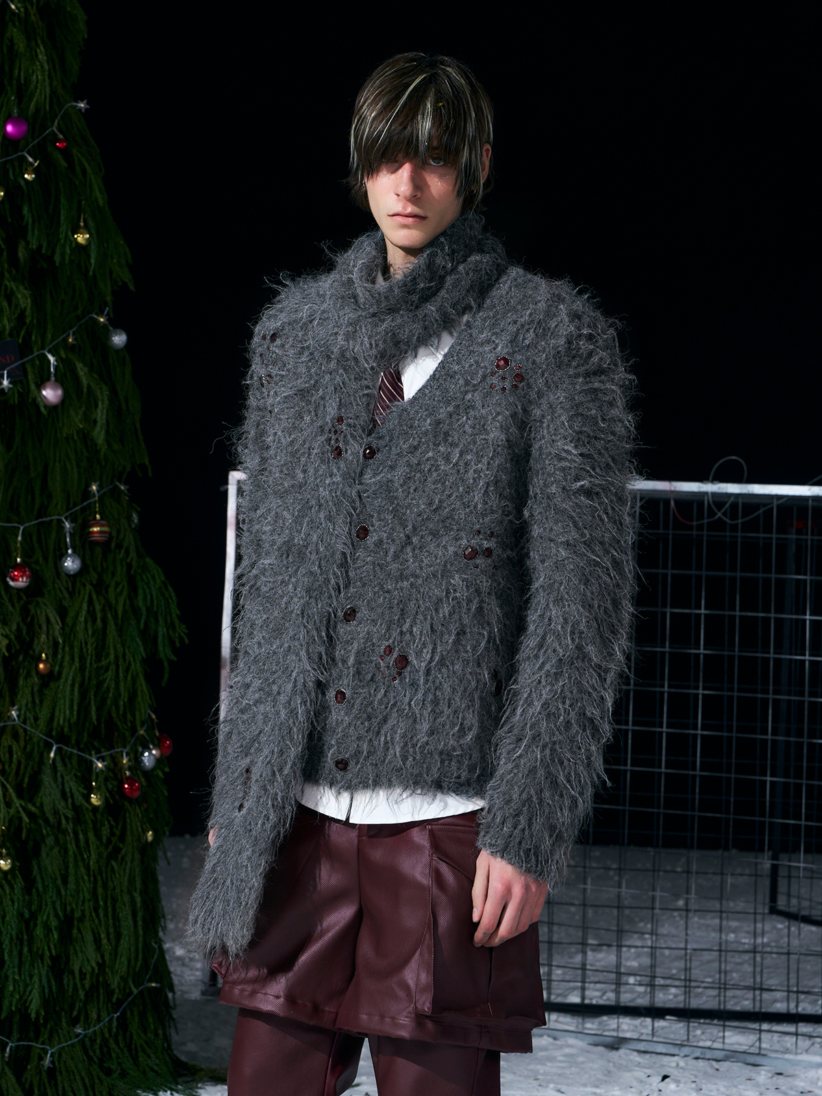 GREY FUZZY MOHAIR CARDIGAN & SCARF SET