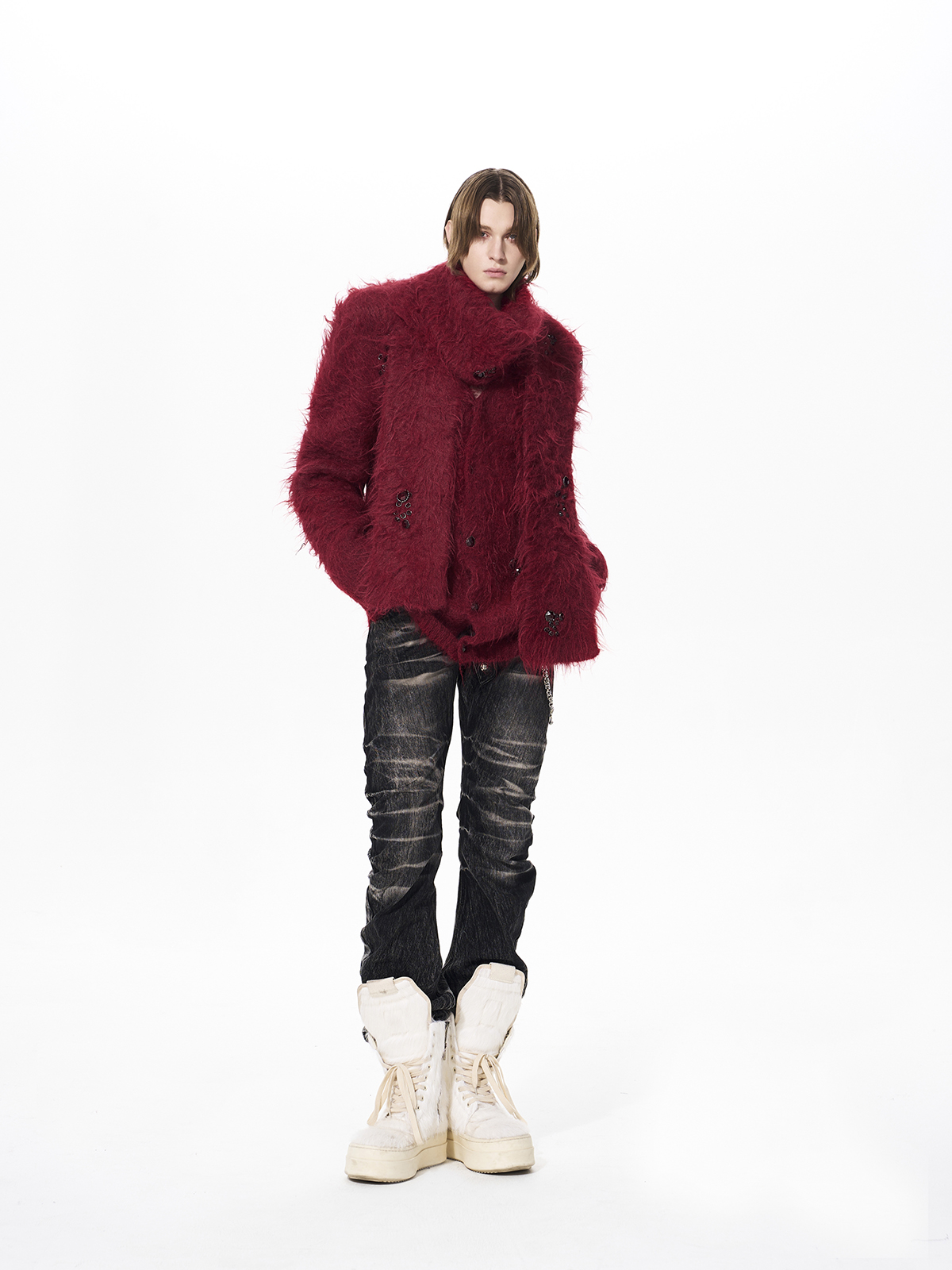 GEMSTONE SCATTERED SHAGGY MOHAIR CARDIGAN-RED