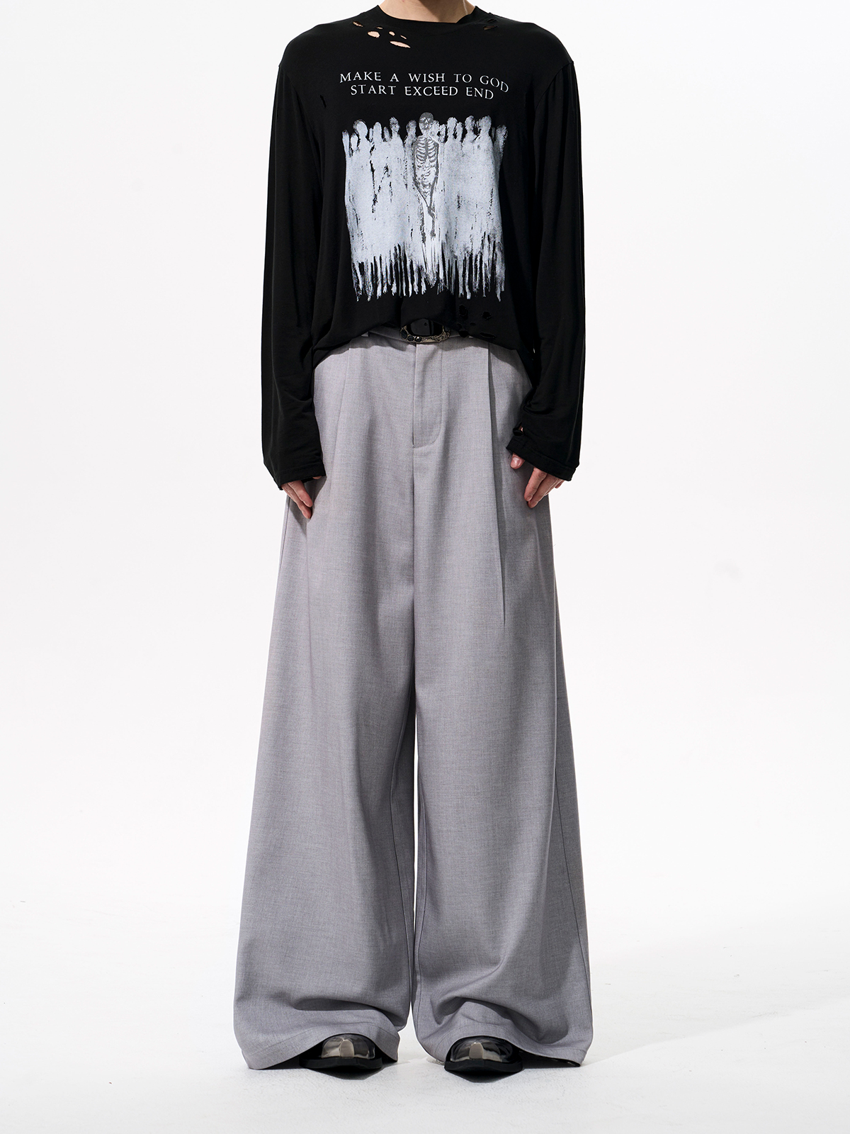 DETACHABLE LEATHER COLLAR SCULPTED SUIT SET-GREY