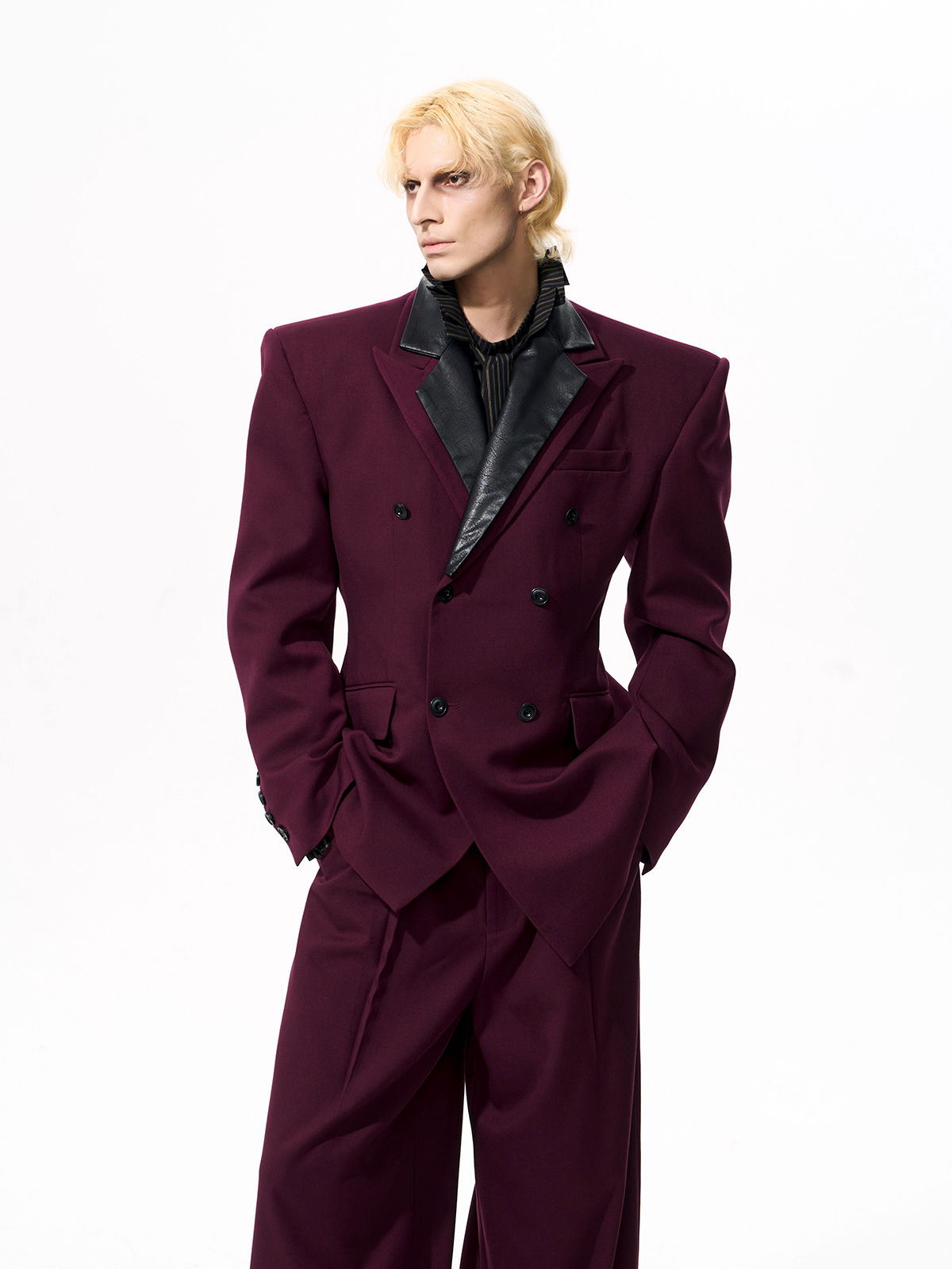 DETACHABLE LEATHER COLLAR SCULPTED SUIT SET-BURGUNDY