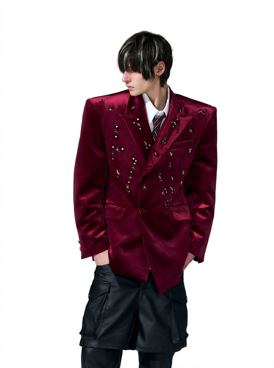 Galaxy Star-Studded Velvet Blazer-Burgundy