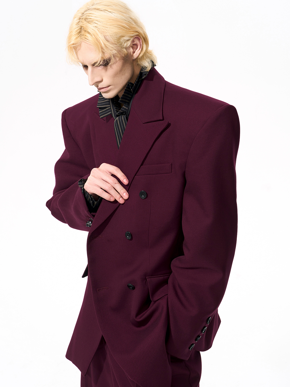 DETACHABLE LEATHER COLLAR SCULPTED SUIT SET-BURGUNDY