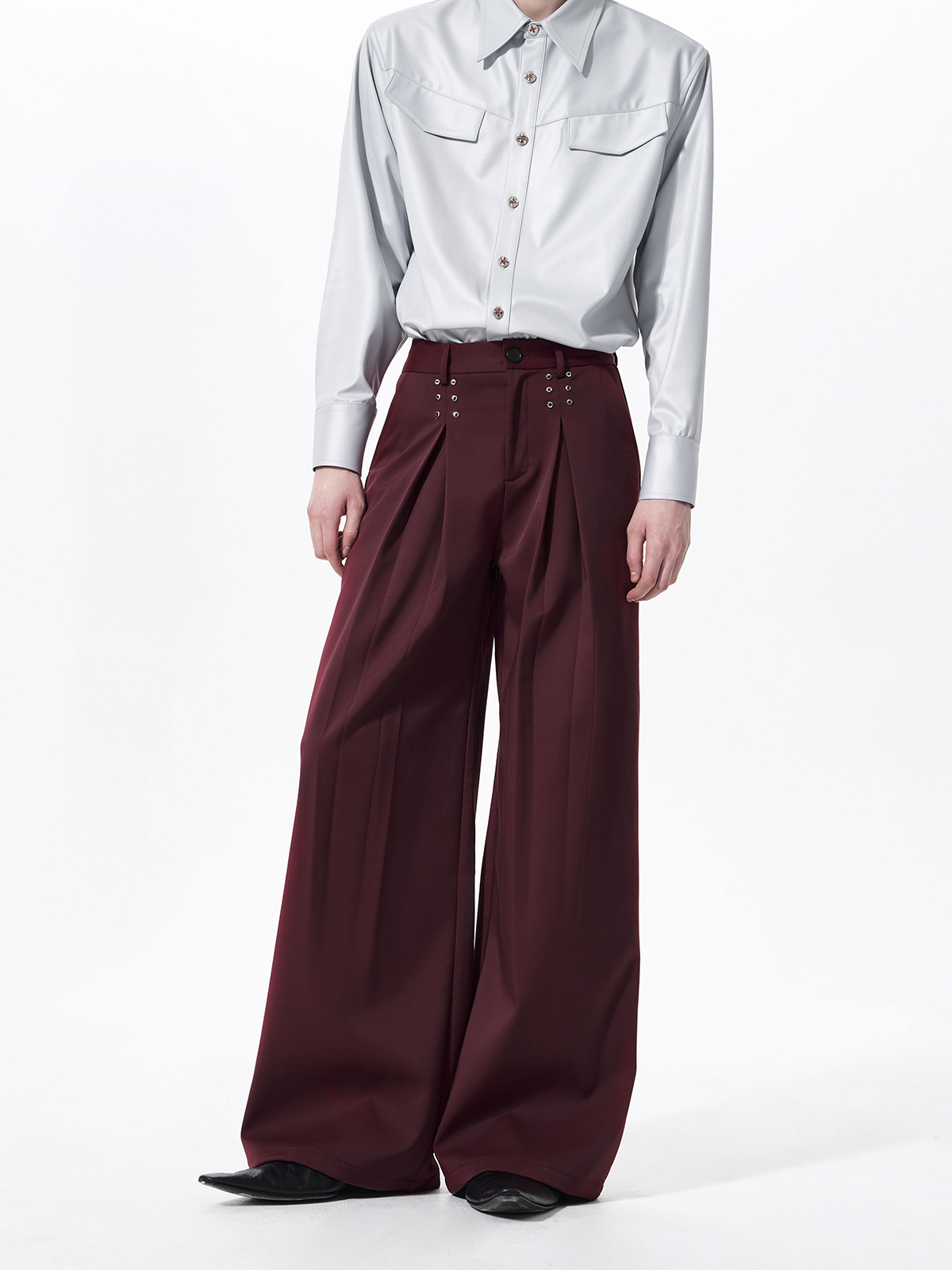 STRUCTURED CINCHED WAIST STUDDED SUIT SET-BURGUNDY