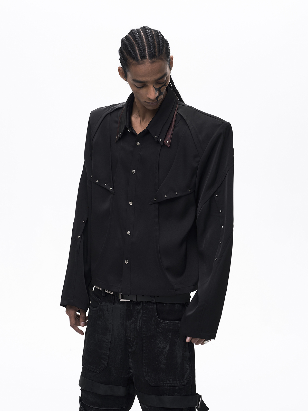TRIPLE COLLAR DECONSTRUCTED LONG SLEEVE SHIRT-BLACK