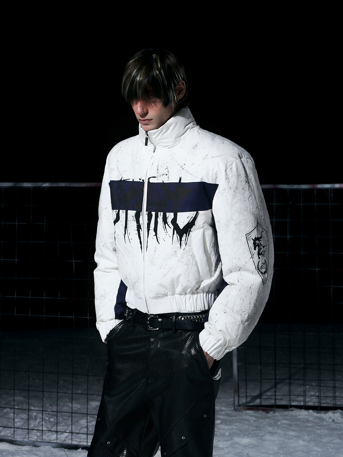 WHITE & NAVY GRAFFITI SPLATTER BOMBER WITH KNIGHT PRINT