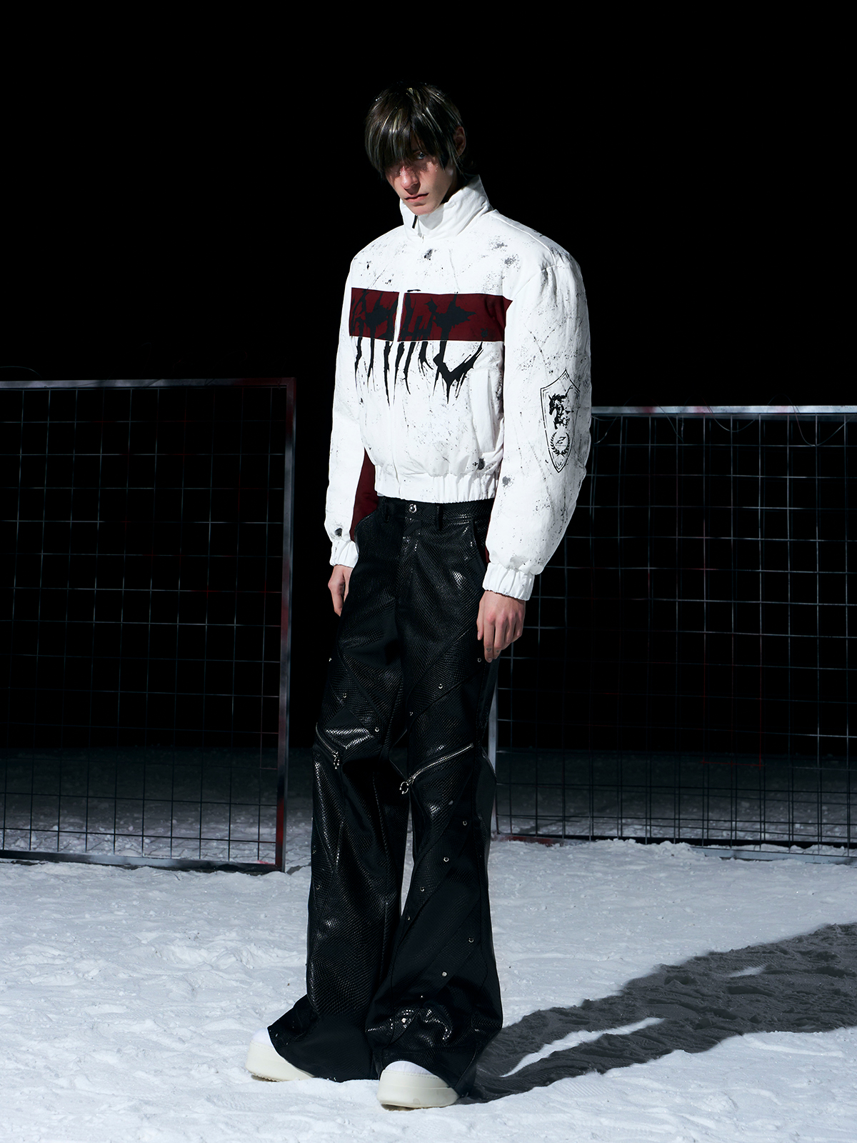 WHITE & BURGUNDY GRAFFITI SPLATTER BOMBER WITH KNIGHT PRINT