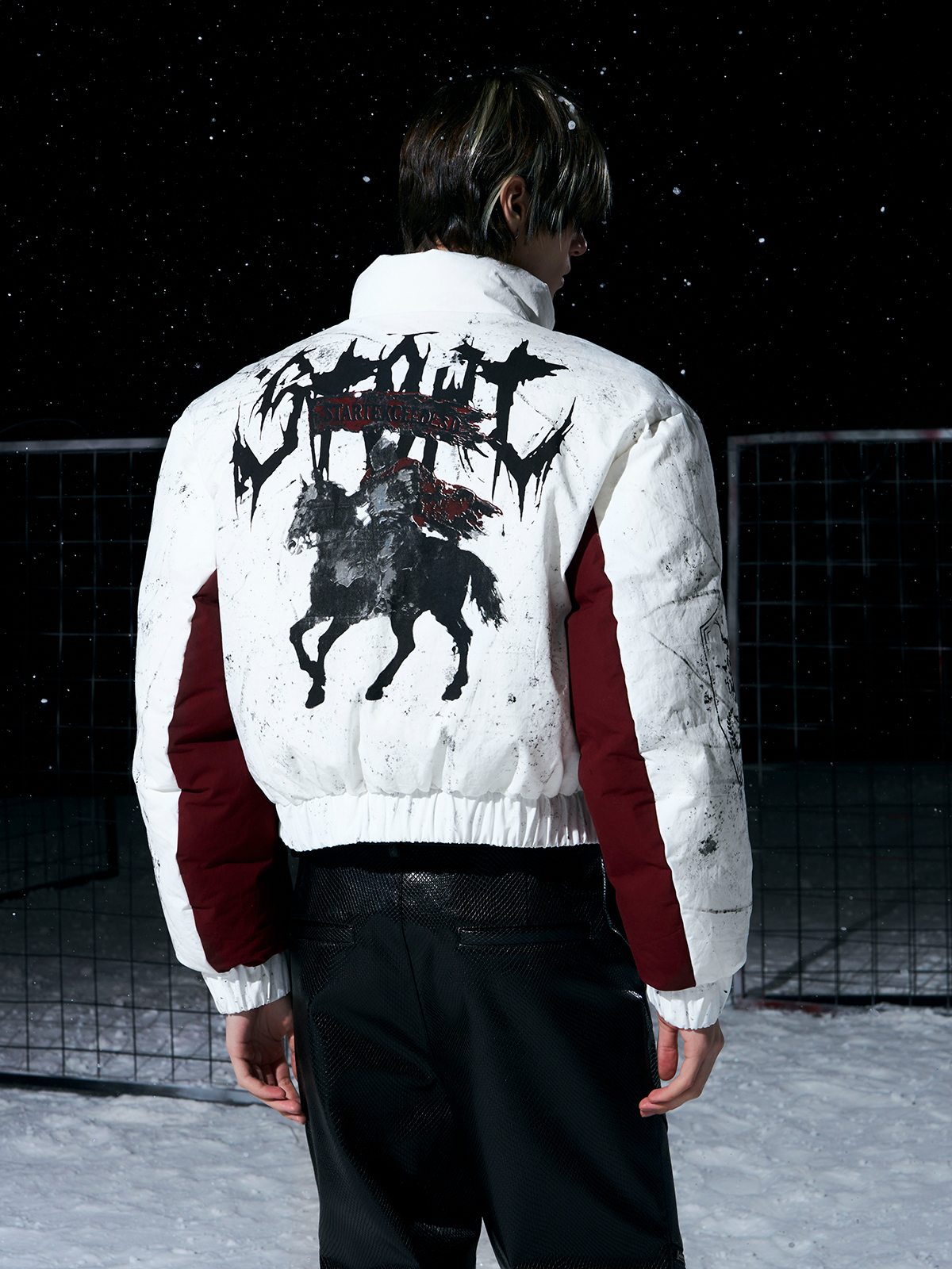 WHITE & BURGUNDY GRAFFITI SPLATTER BOMBER WITH KNIGHT PRINT