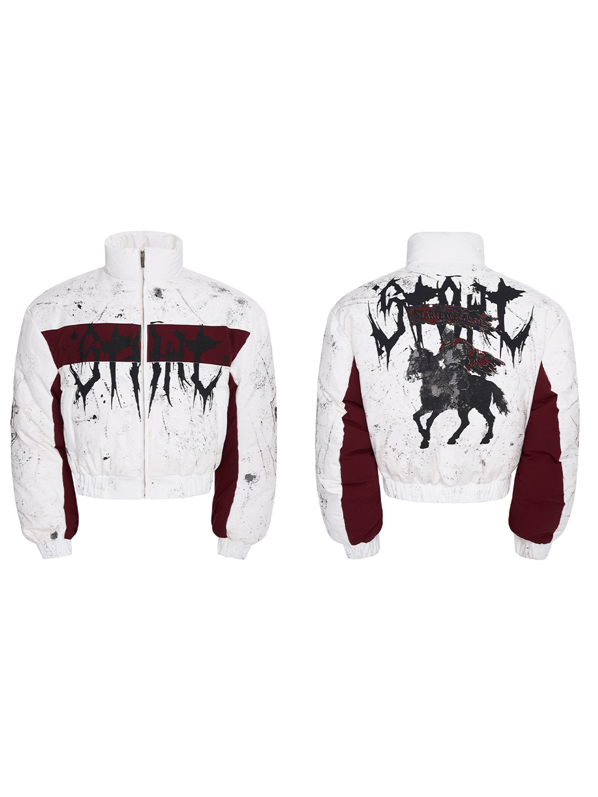 WHITE & BURGUNDY GRAFFITI SPLATTER BOMBER WITH KNIGHT PRINT